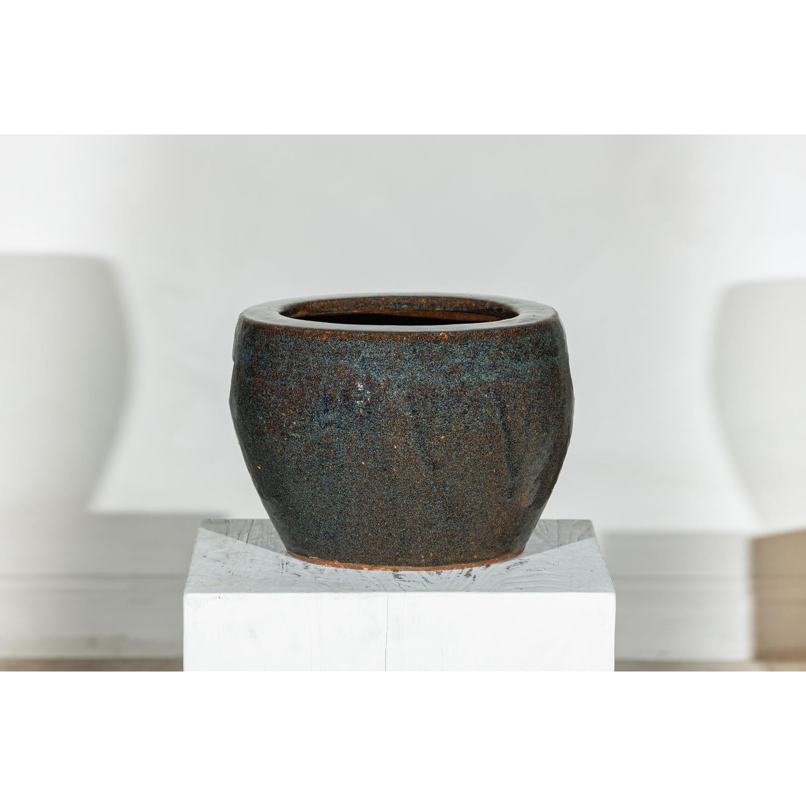 Vintage Brown and Blue Speckled Planter with Wide Opening - image 14