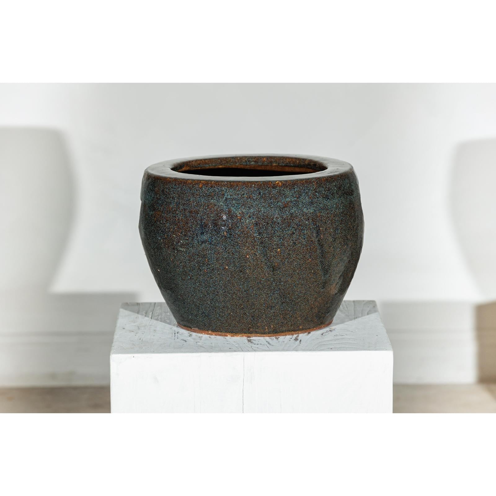 Vintage Brown and Blue Speckled Planter with Wide Opening - image 2