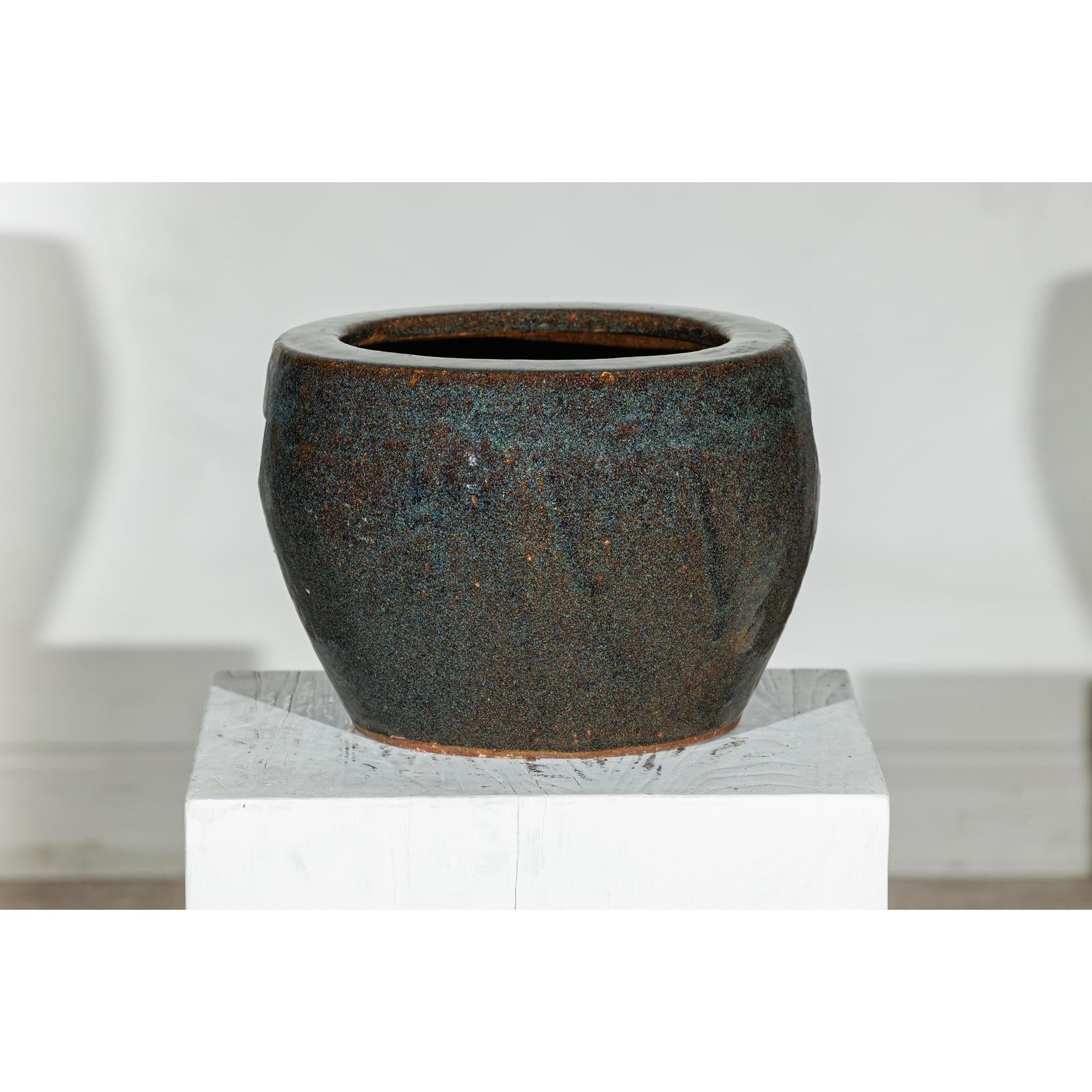 Vintage Brown and Blue Speckled Planter with Wide Opening - image 4