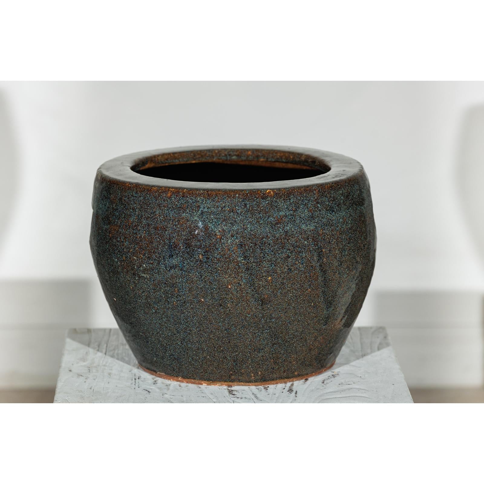 Vintage Brown and Blue Speckled Planter with Wide Opening - image 5