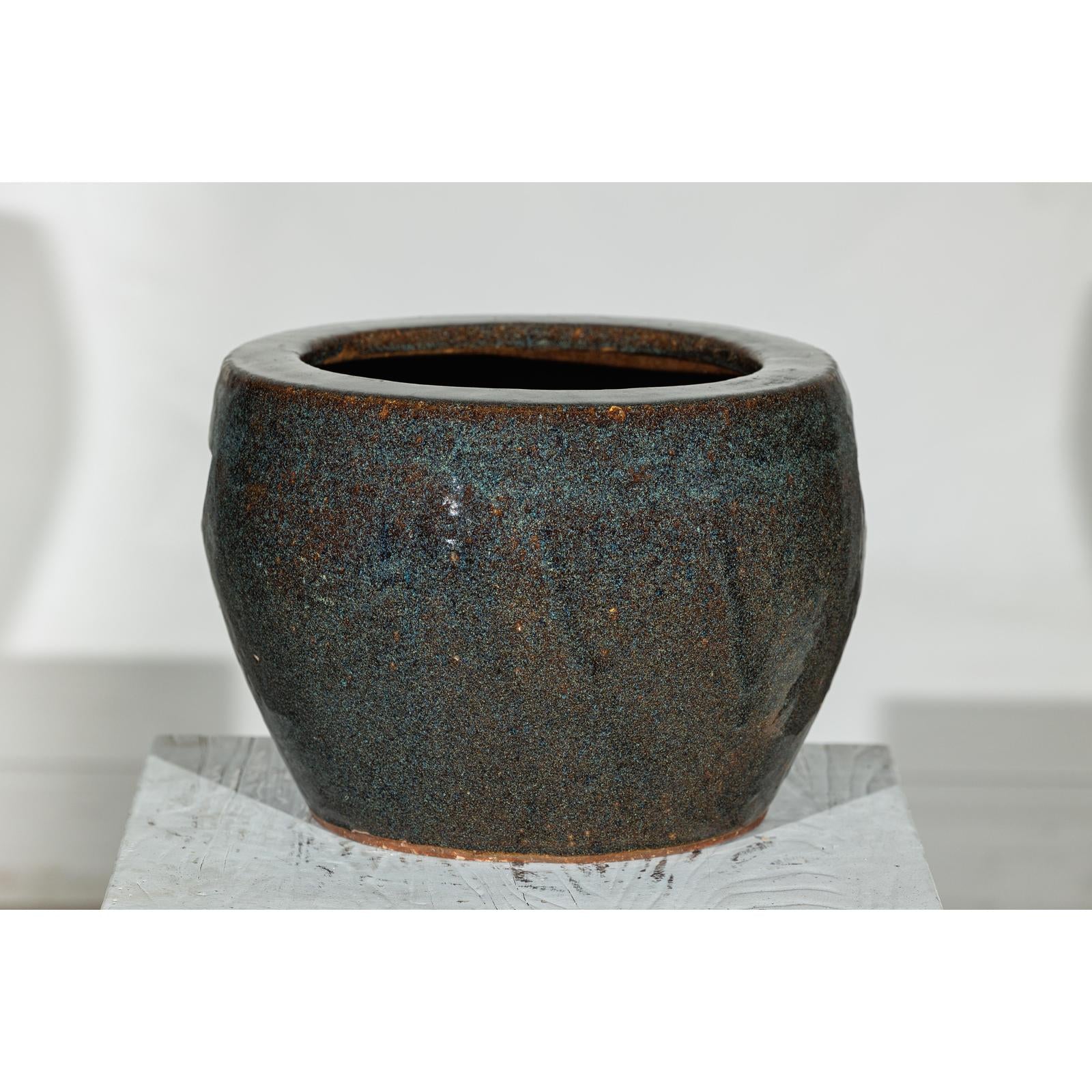 Vintage Brown and Blue Speckled Planter with Wide Opening - image 6