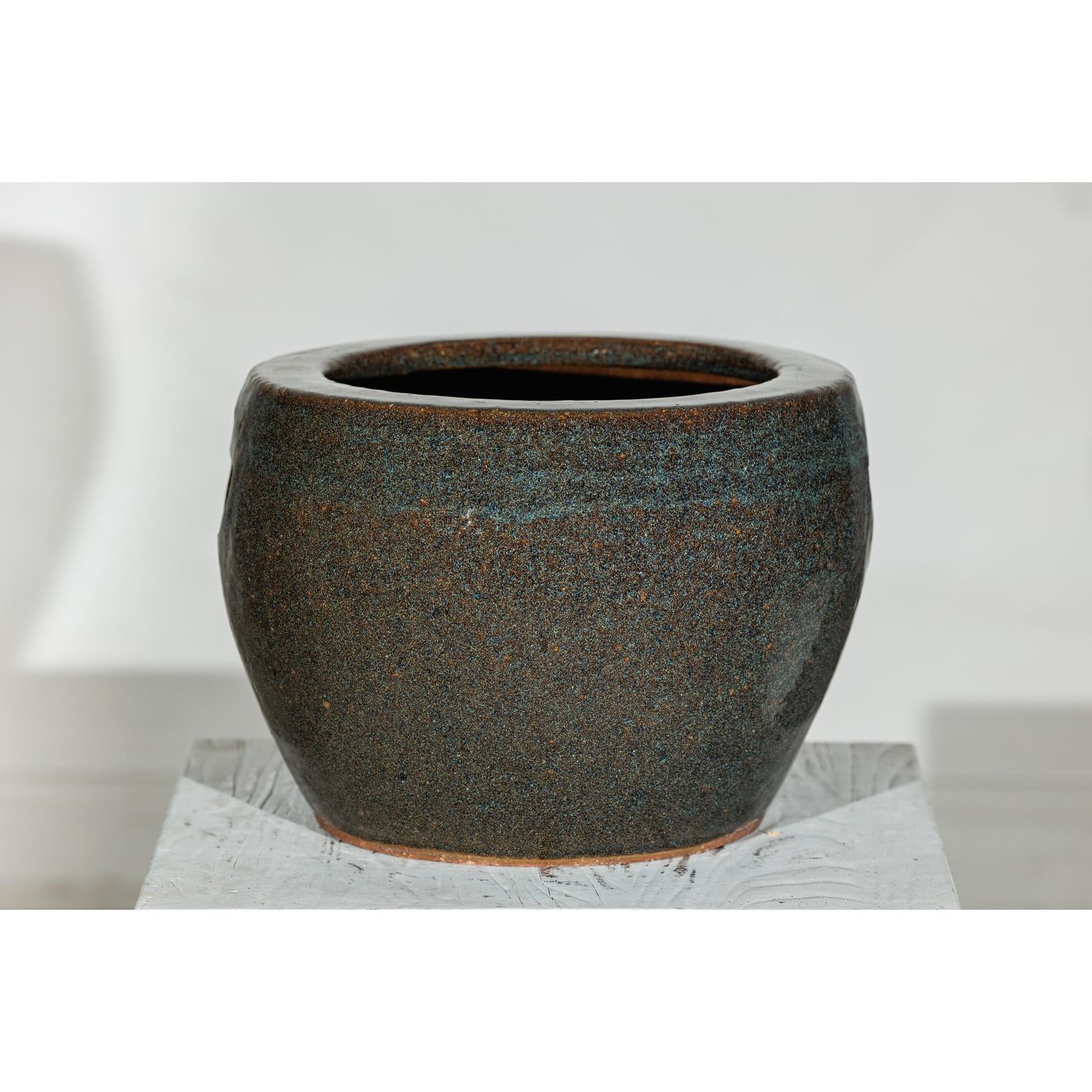 Vintage Brown and Blue Speckled Planter with Wide Opening - image 8