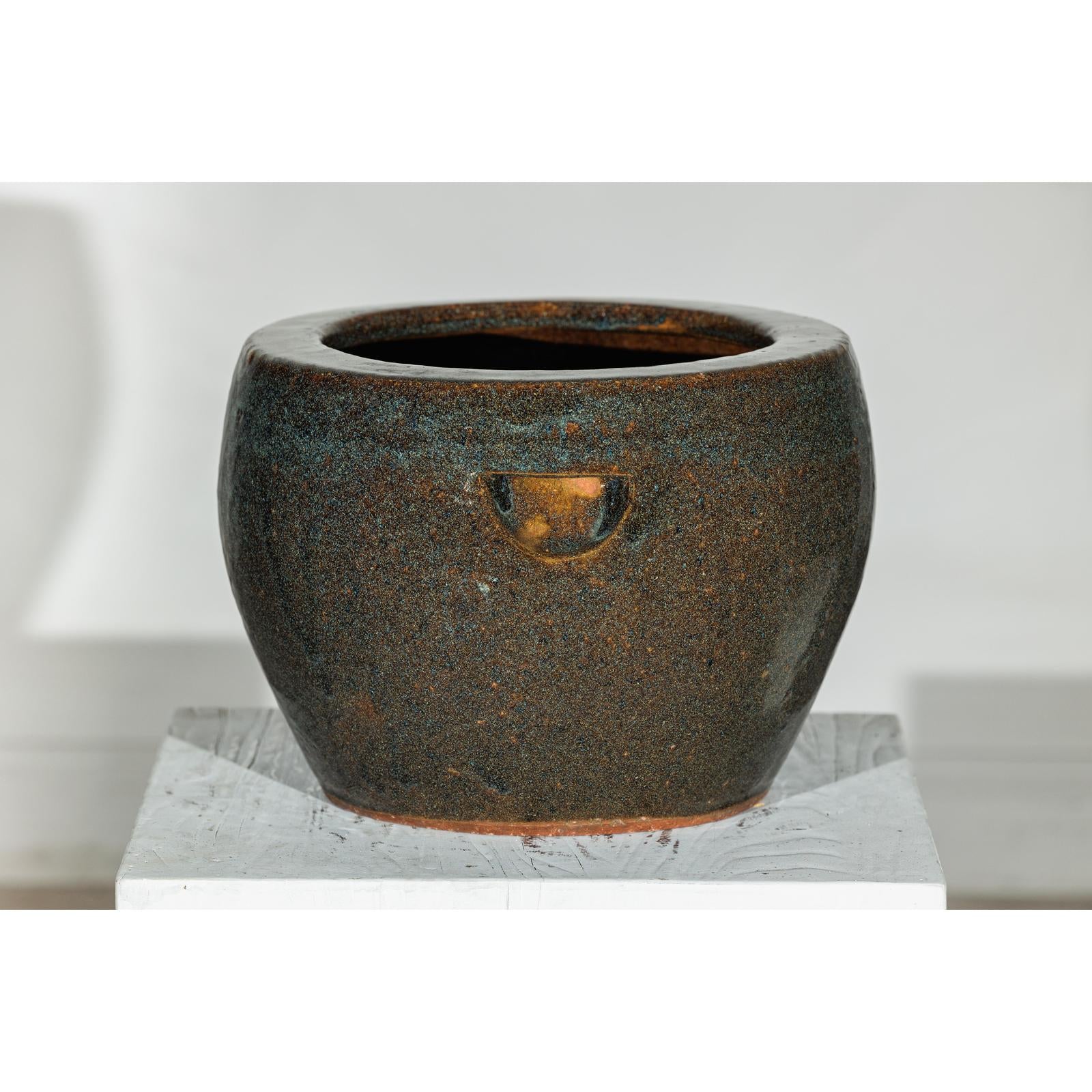 Vintage Brown and Blue Speckled Planter with Wide Opening - image 9
