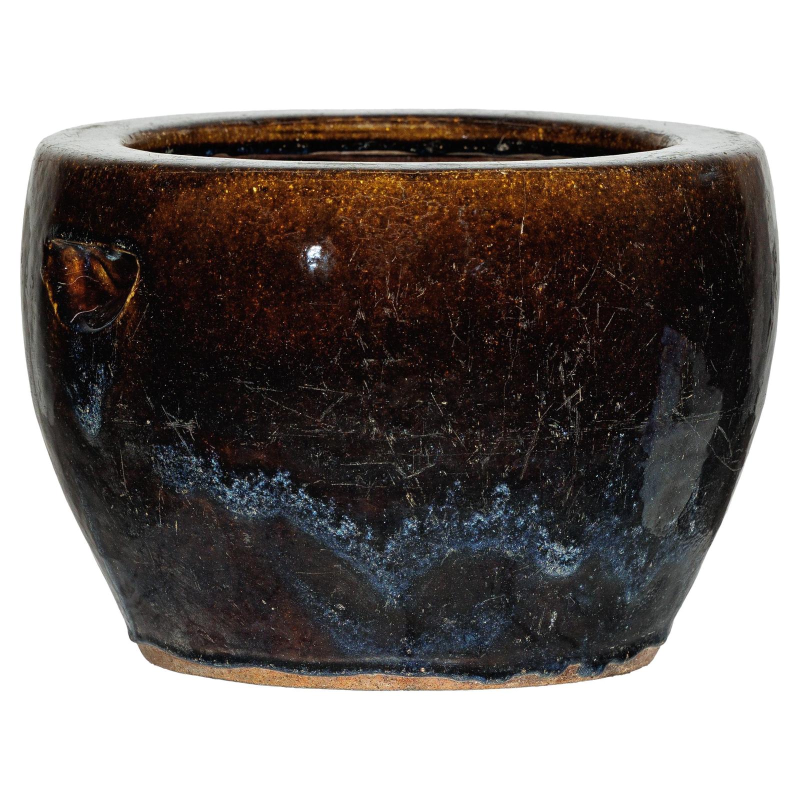 Vintage Brown &amp; Blue Glazed Planter with Rounded Lip - image 1