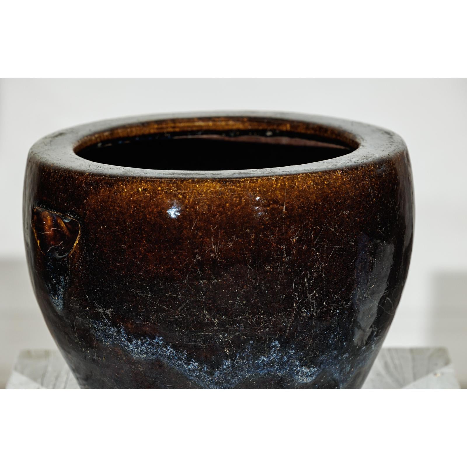 Vintage Brown &amp; Blue Glazed Planter with Rounded Lip - image 11