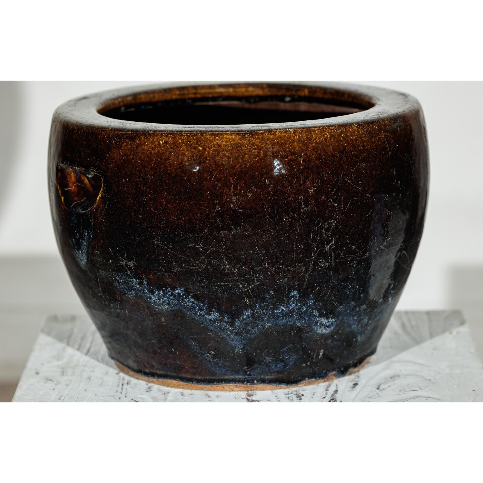 Vintage Brown &amp; Blue Glazed Planter with Rounded Lip - image 12