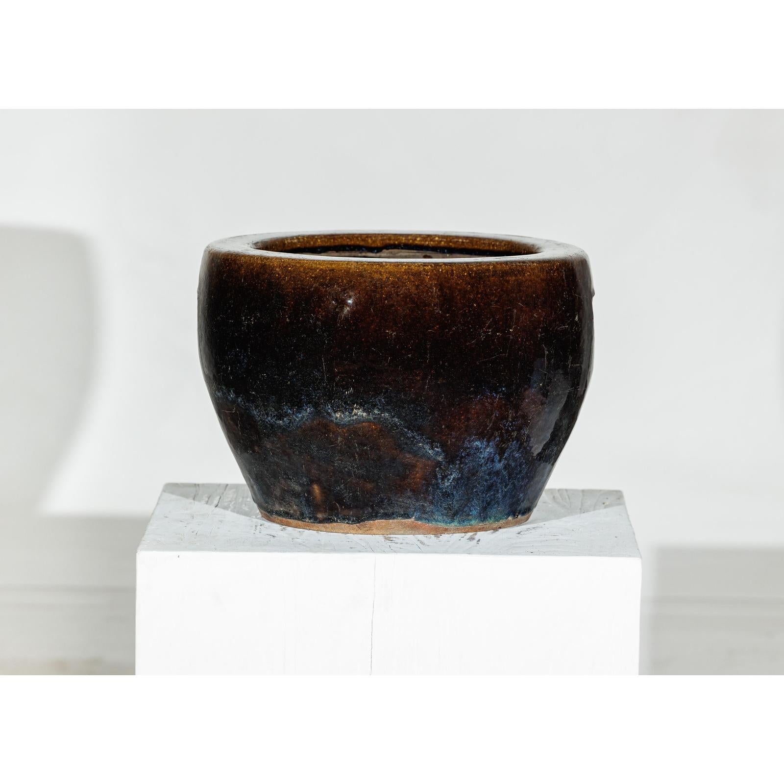 Vintage Brown &amp; Blue Glazed Planter with Rounded Lip - image 16