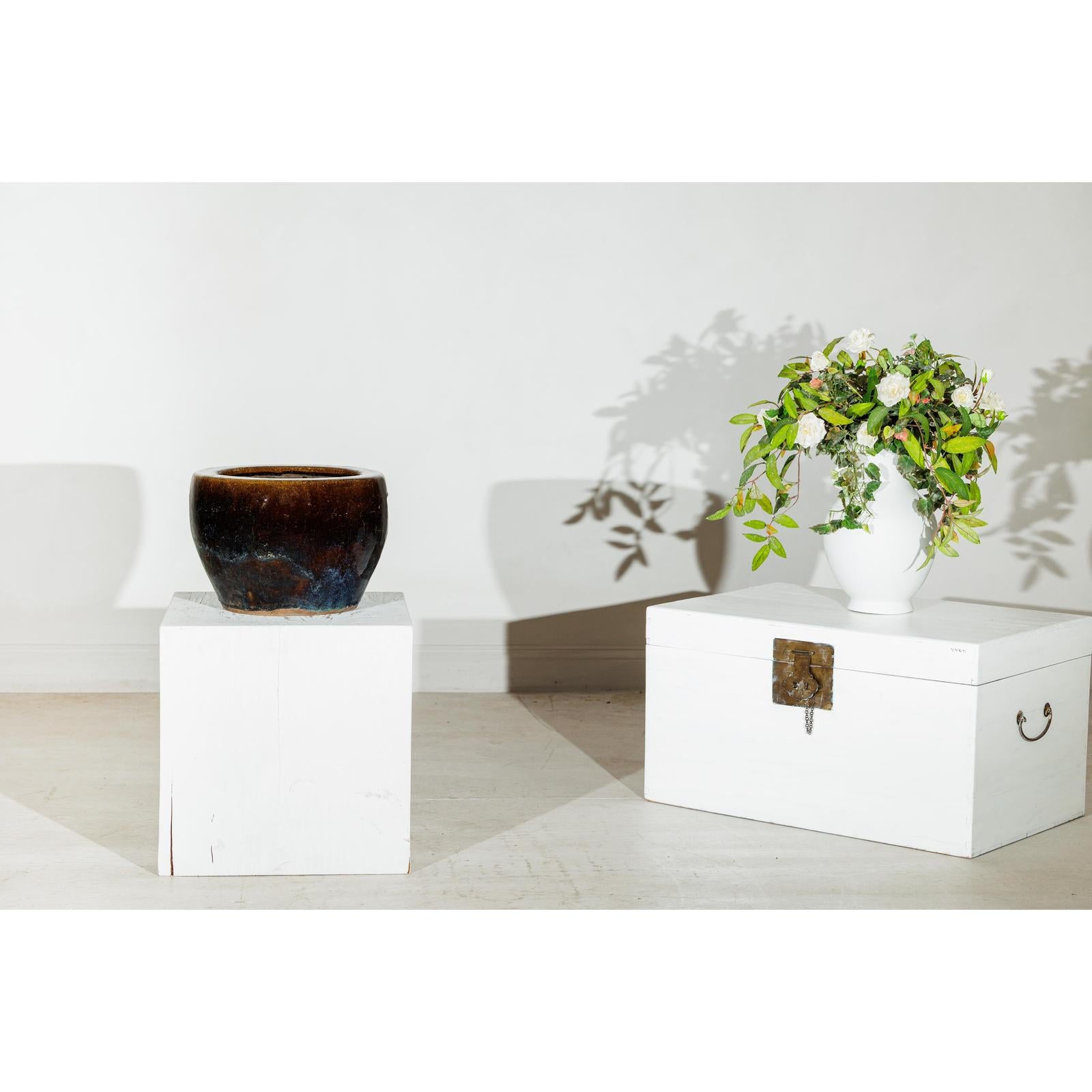 Vintage Brown &amp; Blue Glazed Planter with Rounded Lip - image 2