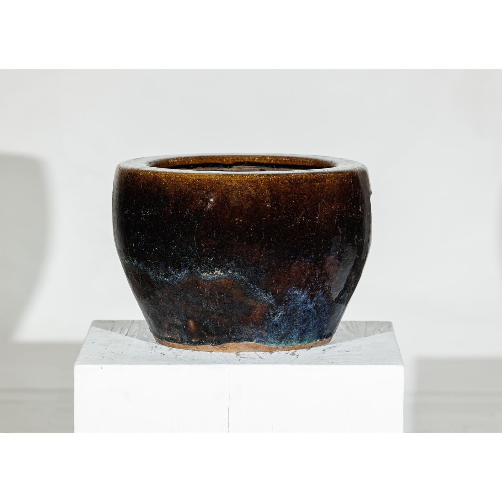 Vintage Brown &amp; Blue Glazed Planter with Rounded Lip - image 3