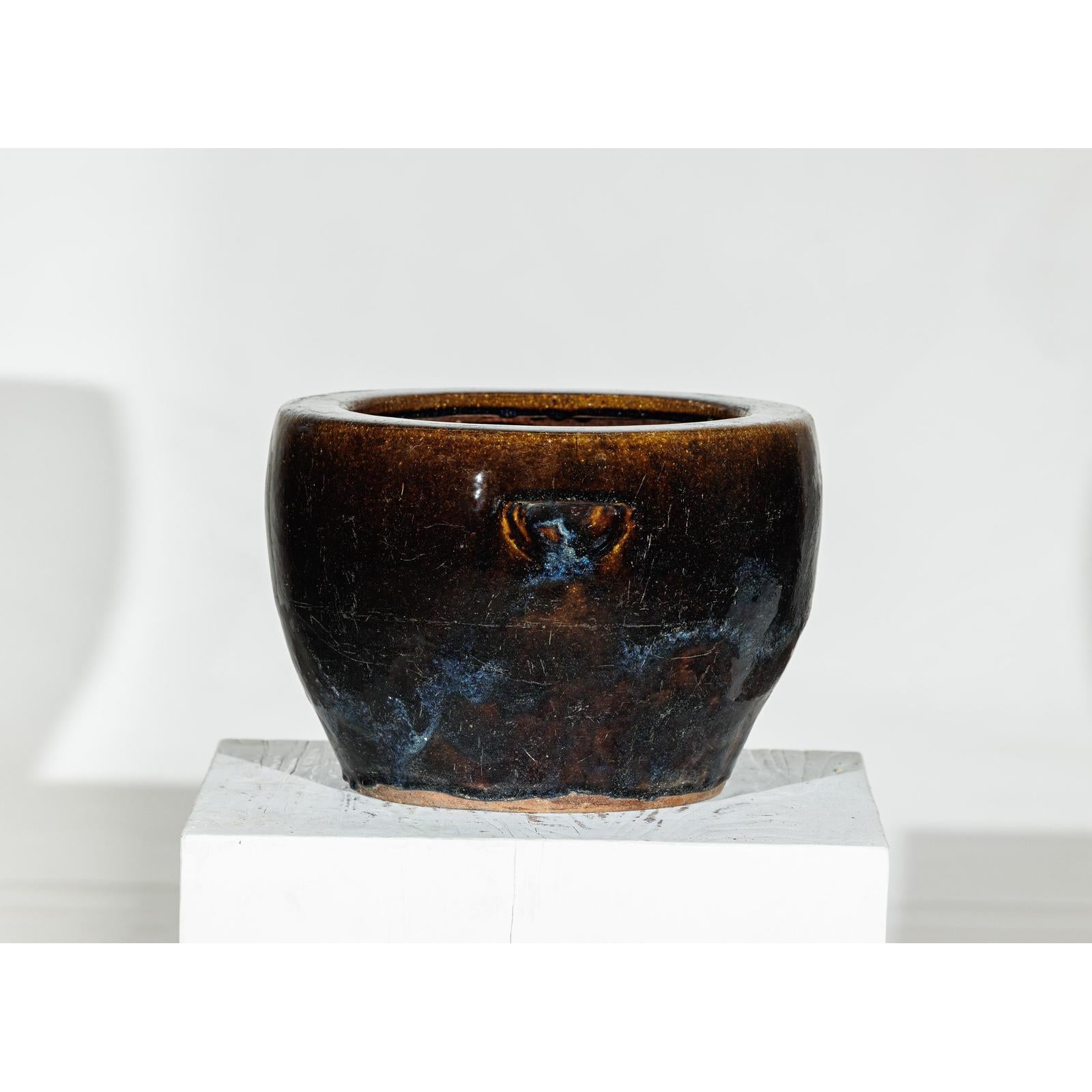 Vintage Brown &amp; Blue Glazed Planter with Rounded Lip - image 4