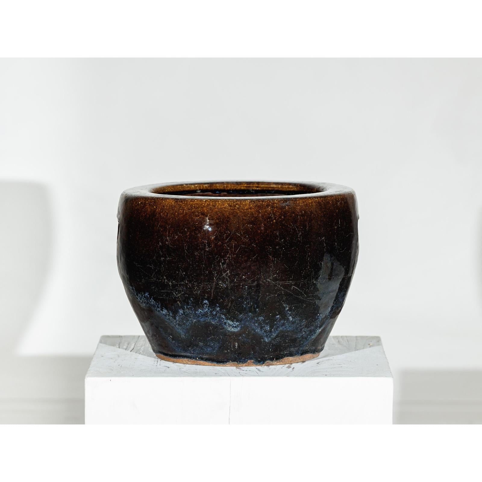 Vintage Brown &amp; Blue Glazed Planter with Rounded Lip - image 5