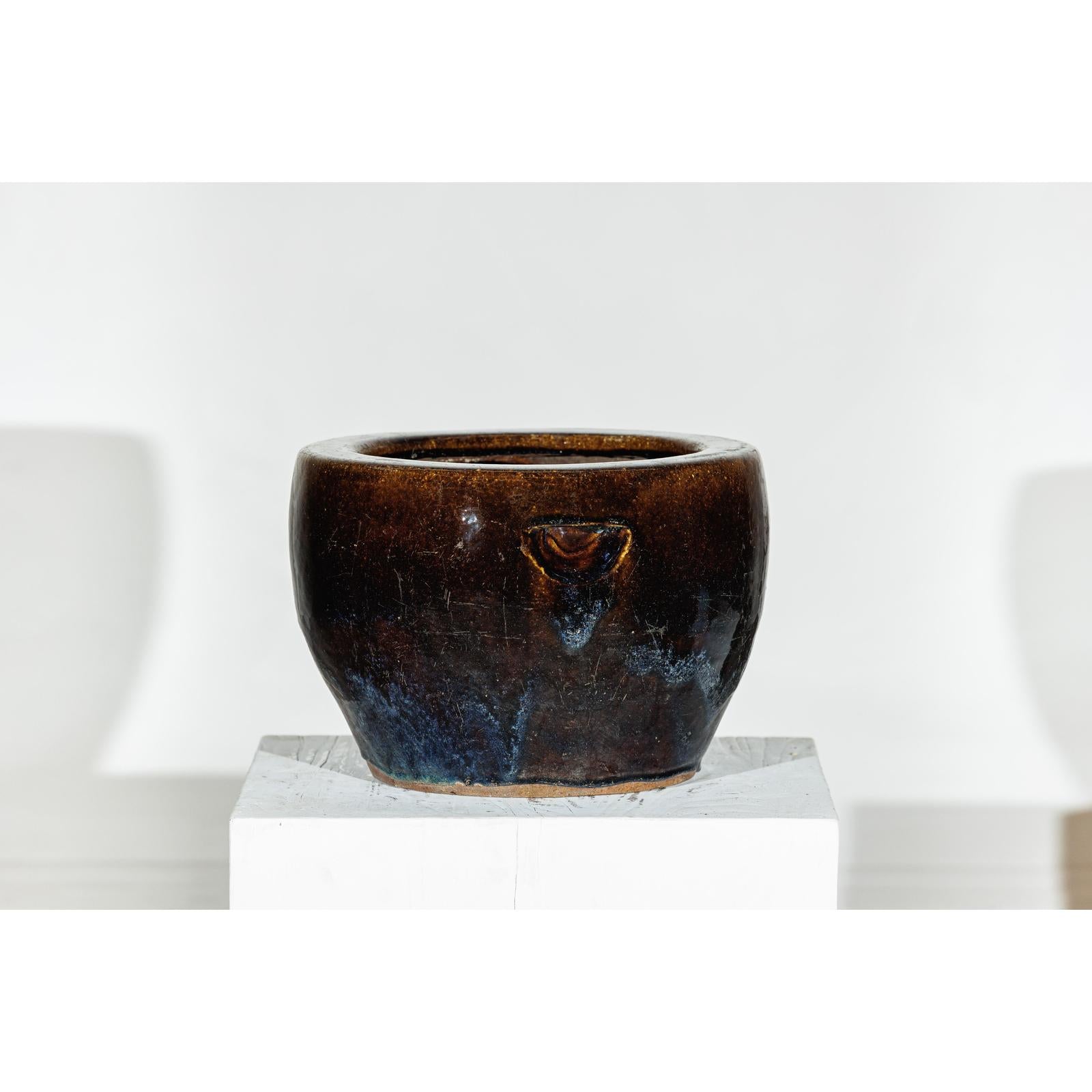 Vintage Brown &amp; Blue Glazed Planter with Rounded Lip - image 6