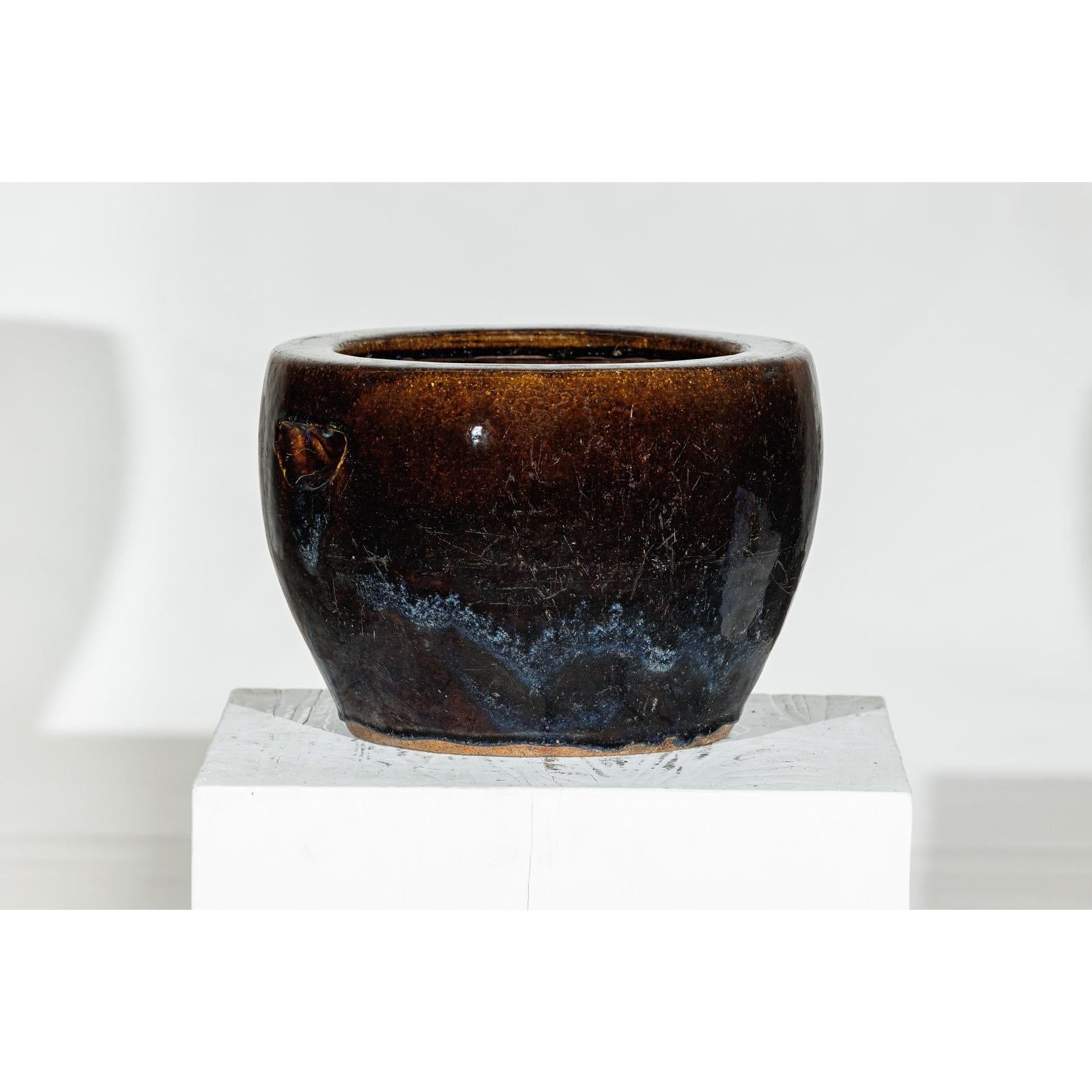 Vintage Brown &amp; Blue Glazed Planter with Rounded Lip - image 7