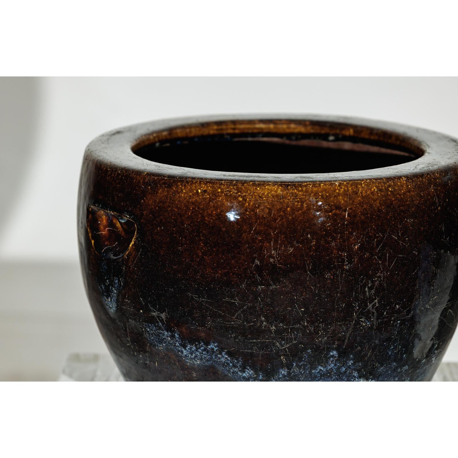 Vintage Brown &amp; Blue Glazed Planter with Rounded Lip - image 8