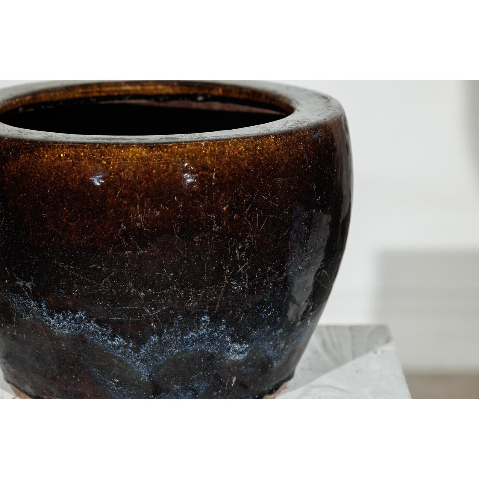 Vintage Brown &amp; Blue Glazed Planter with Rounded Lip - image 9