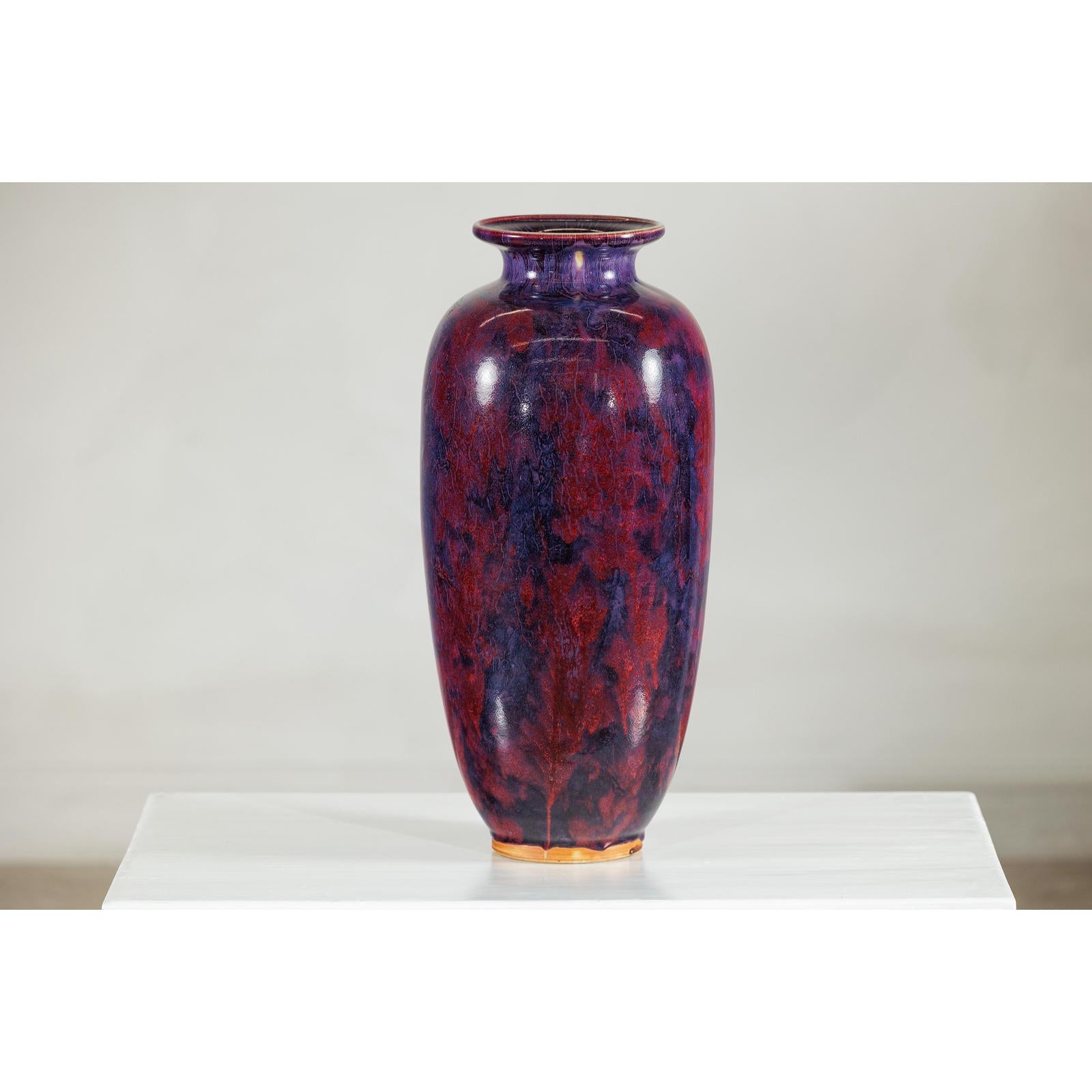 Vintage Burgundy and Purple Tall Ceramic Vase, Flared Rim-9. Asian &amp; Chinese Furniture, Art, Antiques, Vintage Home Décor for sale at FEA Home