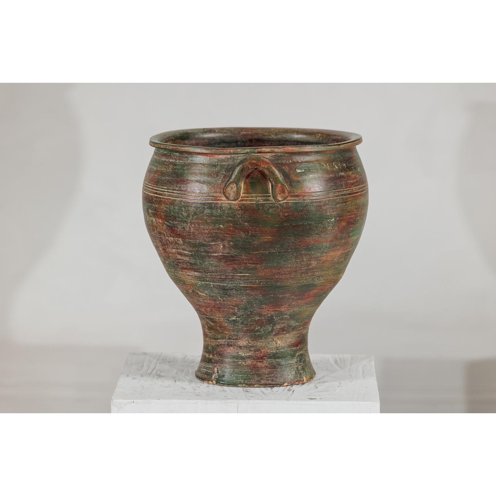 Vintage Ceramic Planter with Green, Brown, &amp; Red Finish