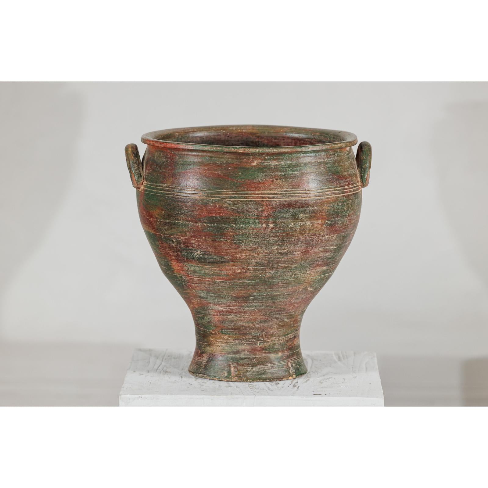 Vintage Ceramic Planter with Green, Brown, &amp; Red Finish