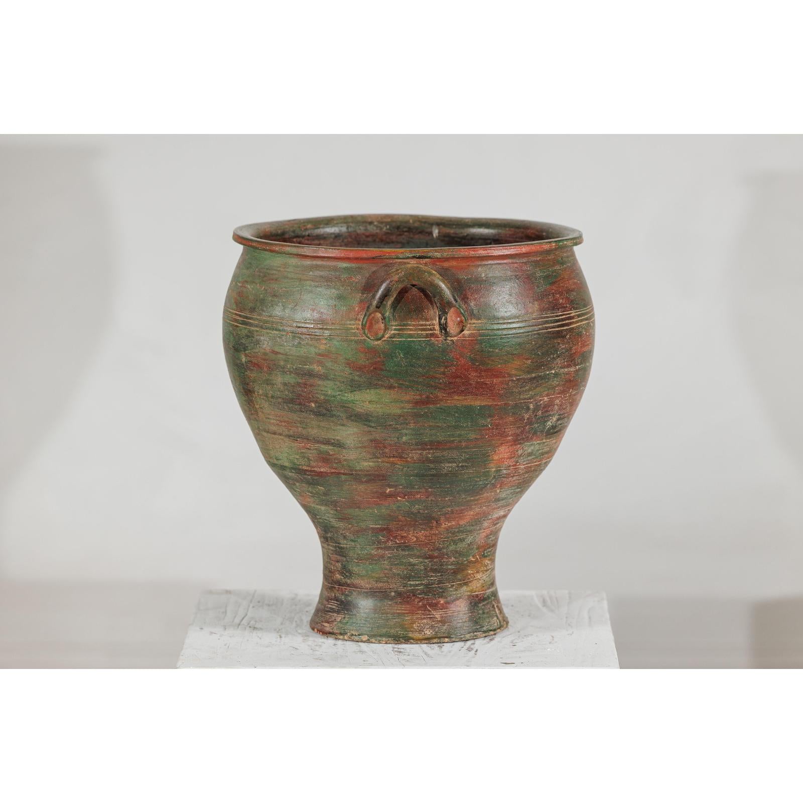 Vintage Ceramic Planter with Green, Brown, &amp; Red Finish
