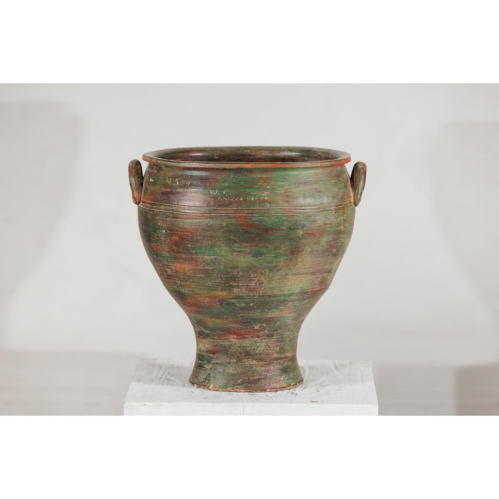 Vintage Ceramic Planter with Green, Brown, &amp; Red Finish