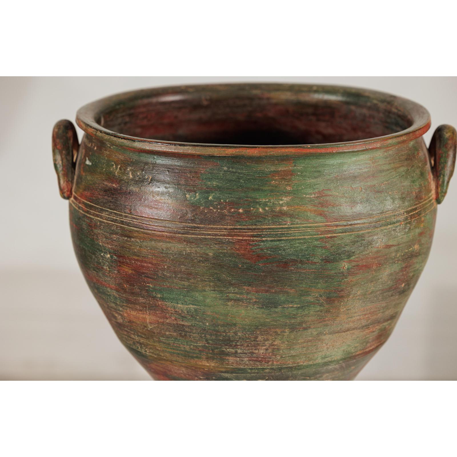 Vintage Ceramic Planter with Green, Brown, &amp; Red Finish