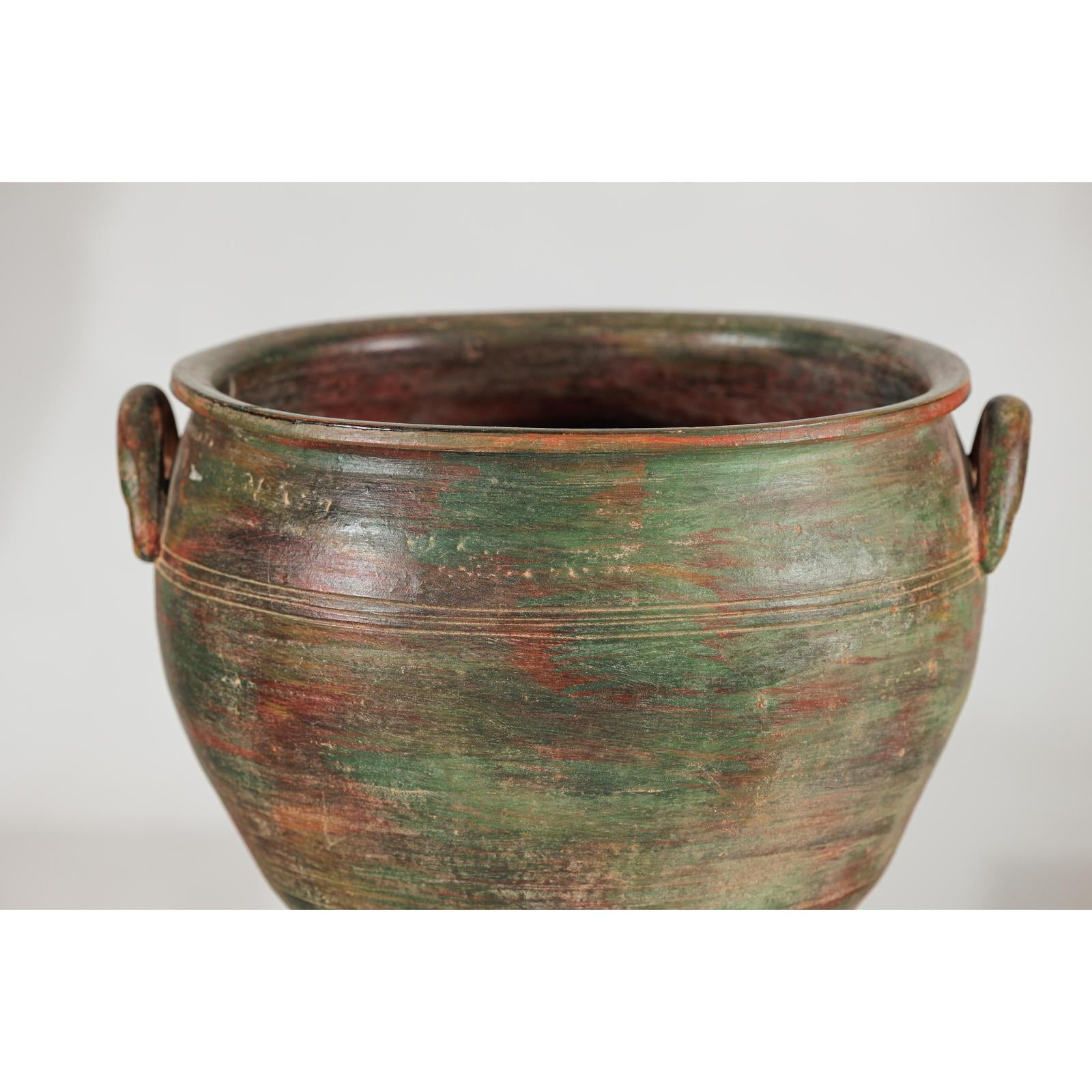 Vintage Ceramic Planter with Green, Brown, &amp; Red Finish