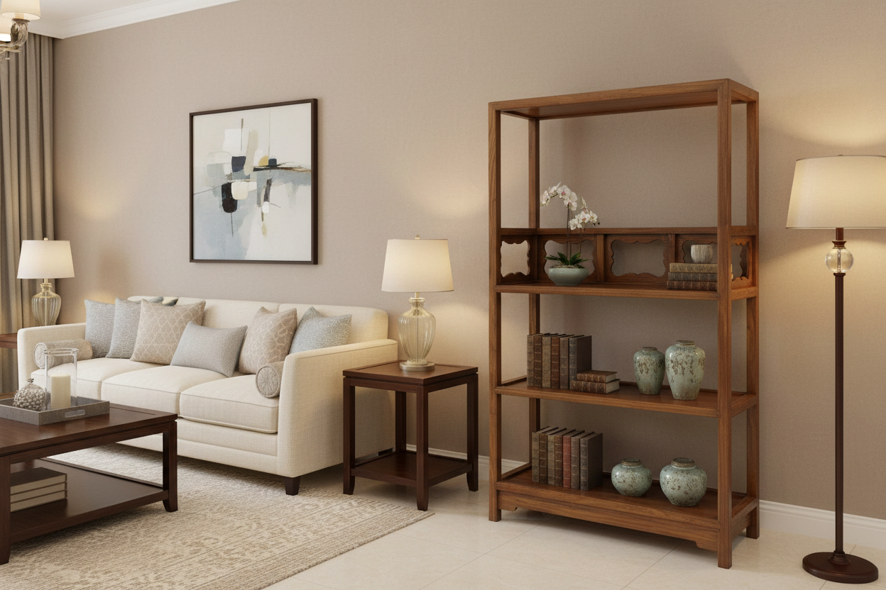 Brown wood bookcase with medallions, four shelves, and three decorative compartments, indoors.