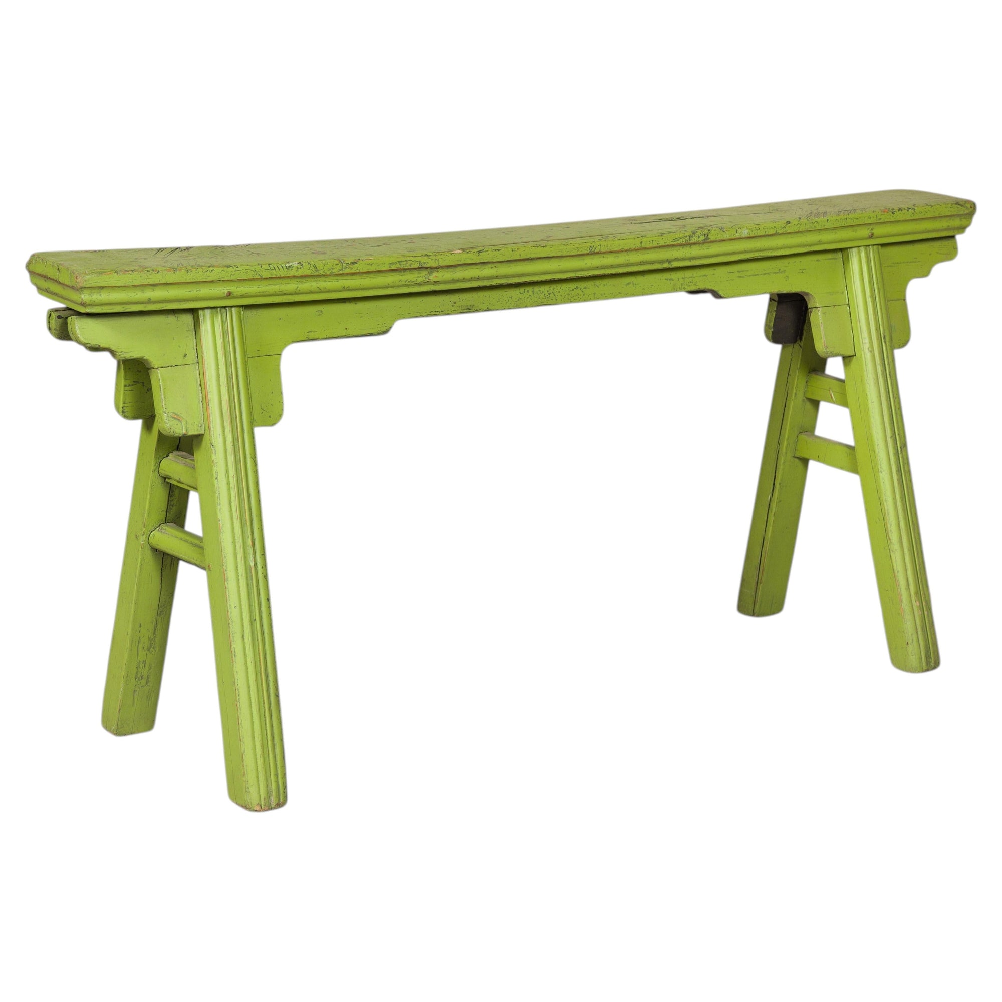 Green-painted Chinese wood bench on white background