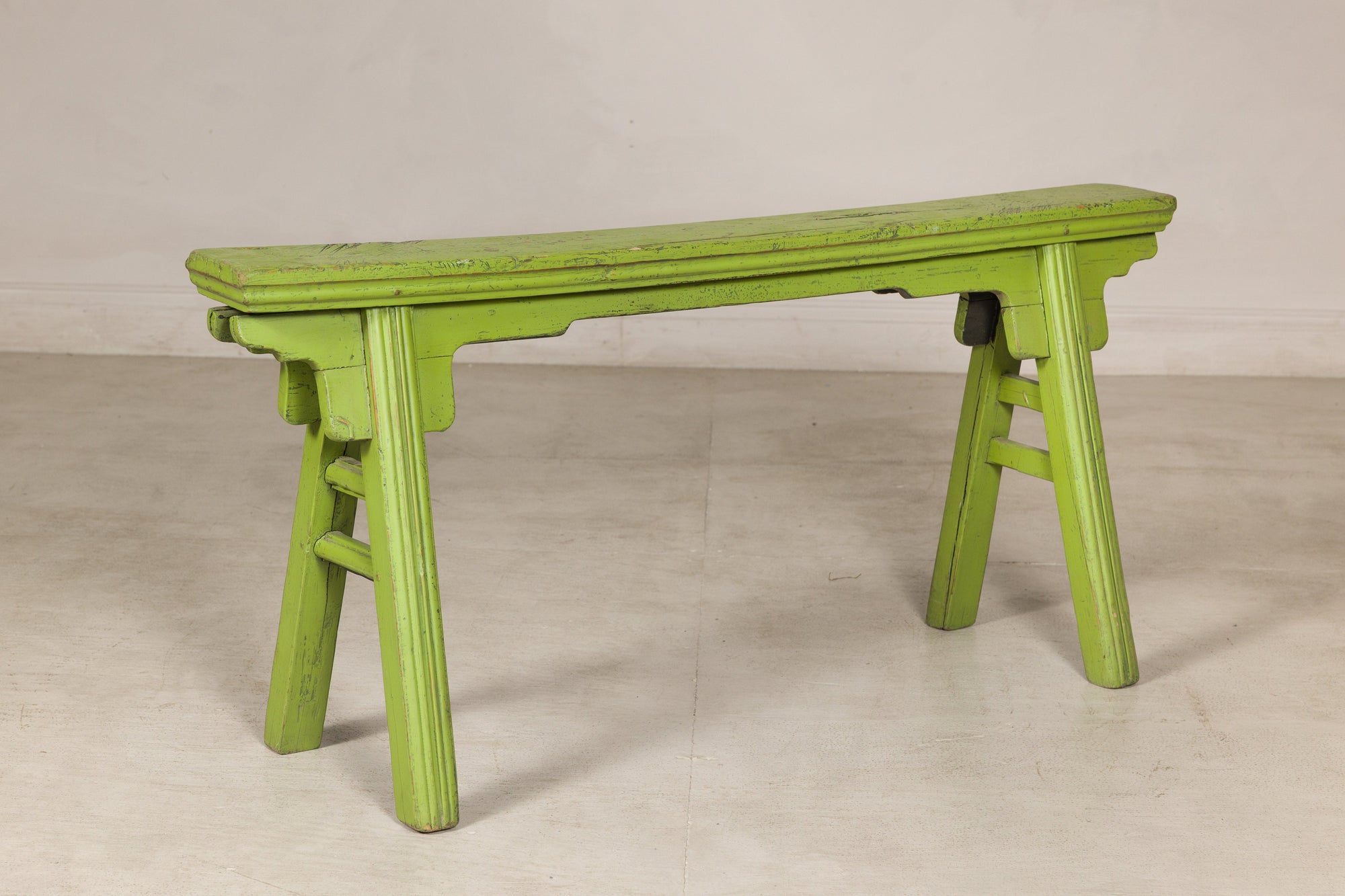 Green painted Chinese bench, three-quarter front view