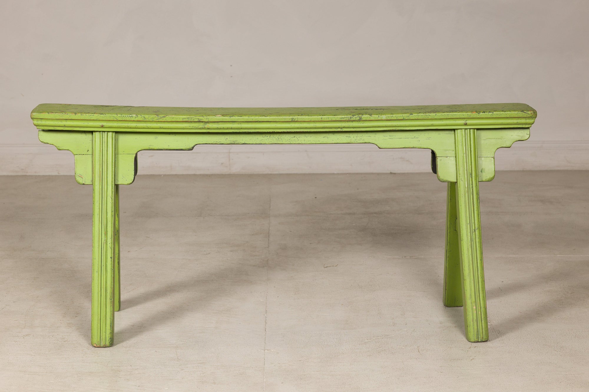 Vintage green Chinese bench, alternate front view