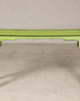 Green painted wooden bench, straight-on front view