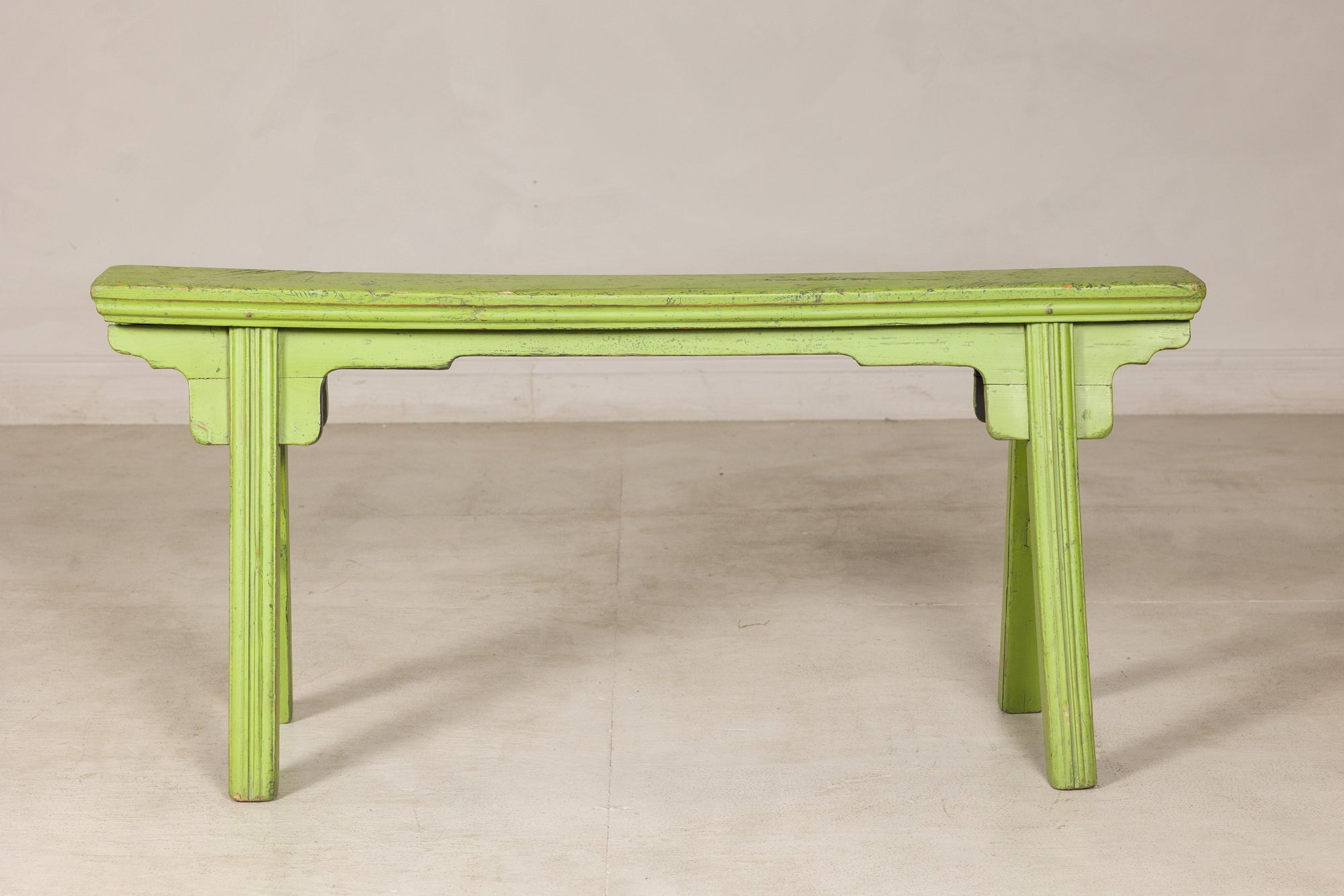 Vintage green painted bench, wide front view