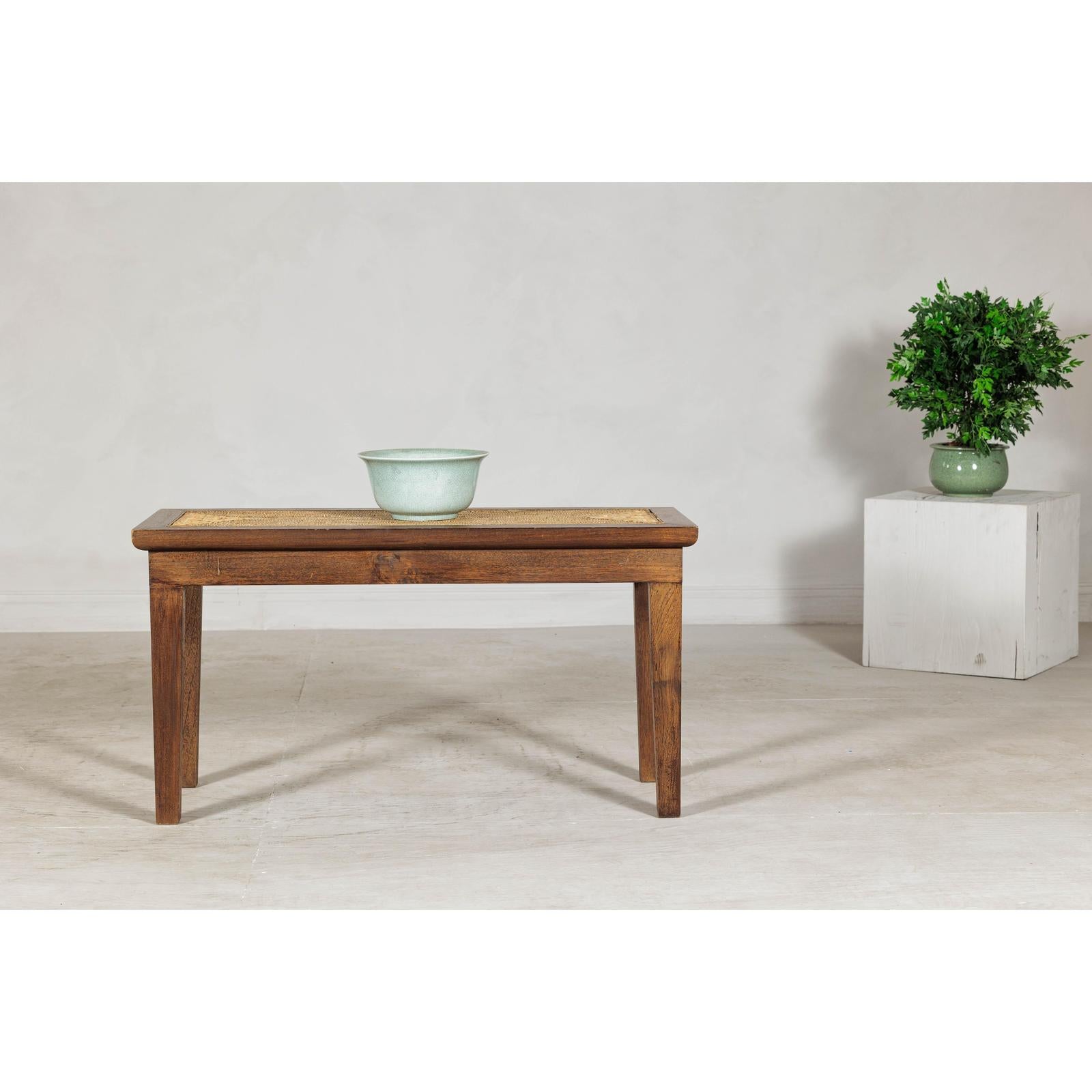 Vintage Country Style Asian Hardwood Bench with Hand-Woven Rattan Top-3. Asian &amp; Chinese Furniture, Art, Antiques, Vintage Home Décor for sale at FEA Home