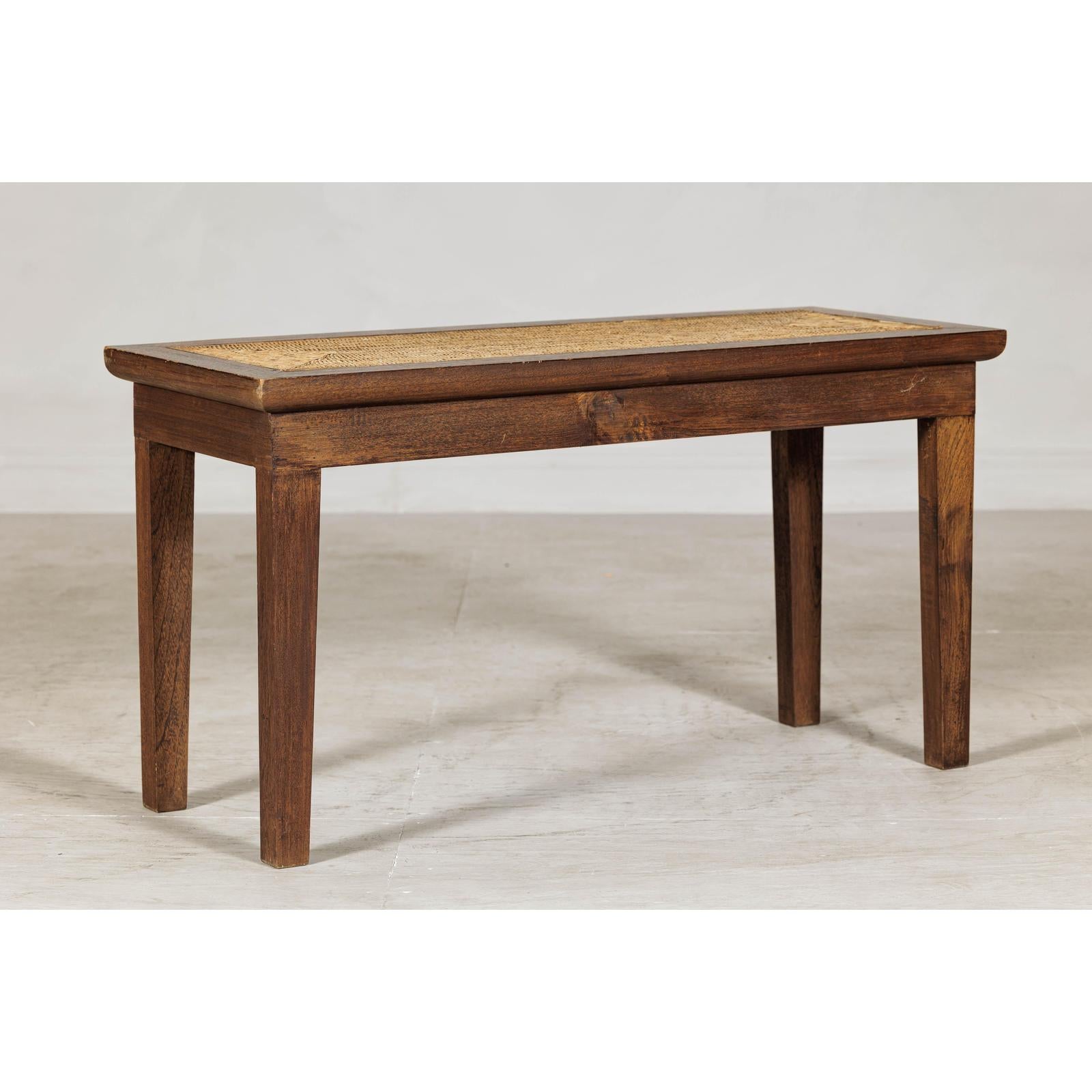 Vintage Country Style Asian Hardwood Bench with Hand-Woven Rattan Top-4. Asian &amp; Chinese Furniture, Art, Antiques, Vintage Home Décor for sale at FEA Home