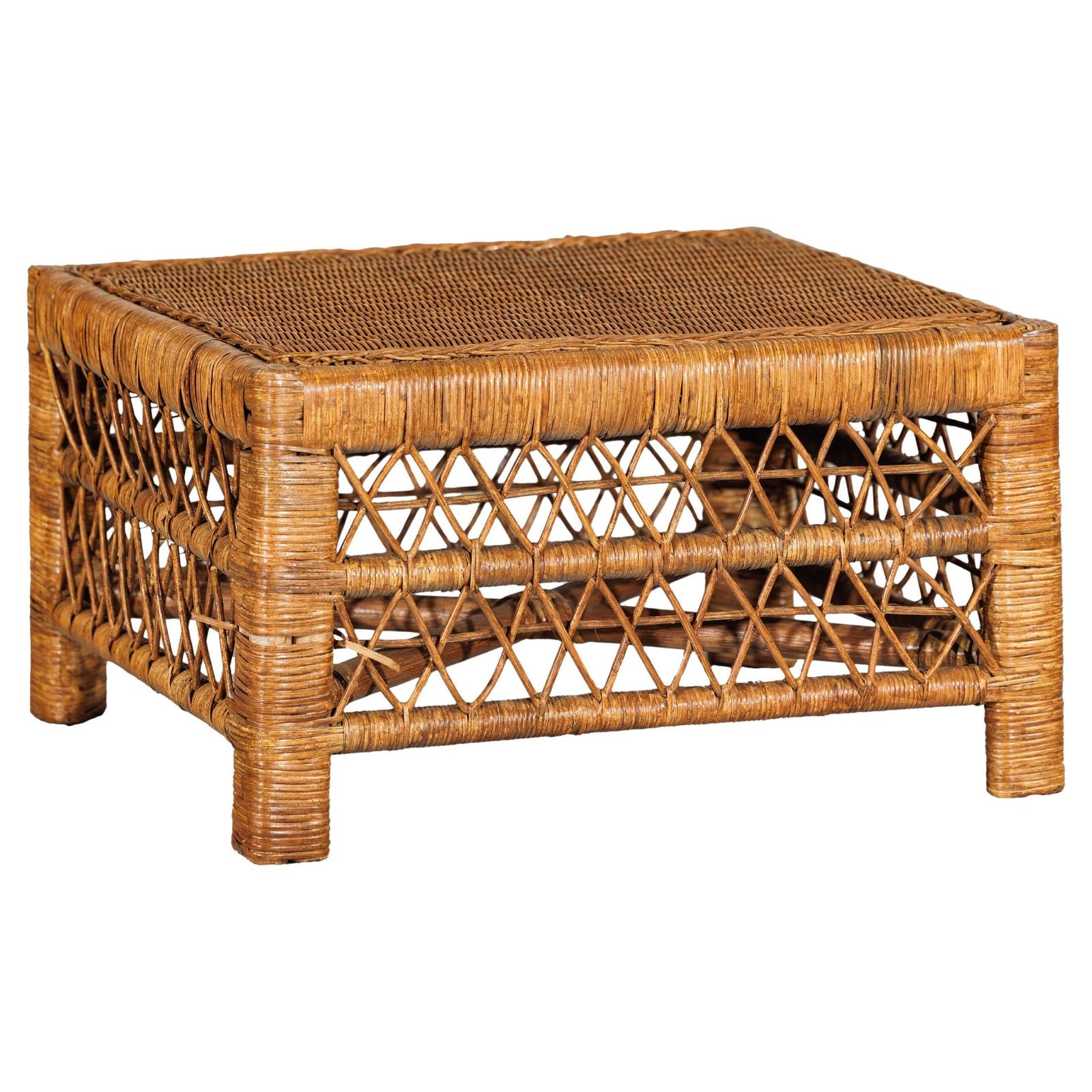 Vintage Country Style Low Rectangular Rattan Coffee Table with Lattice Base-1. Asian & Chinese Furniture, Art, Antiques, Vintage Home Décor for sale at FEA Home