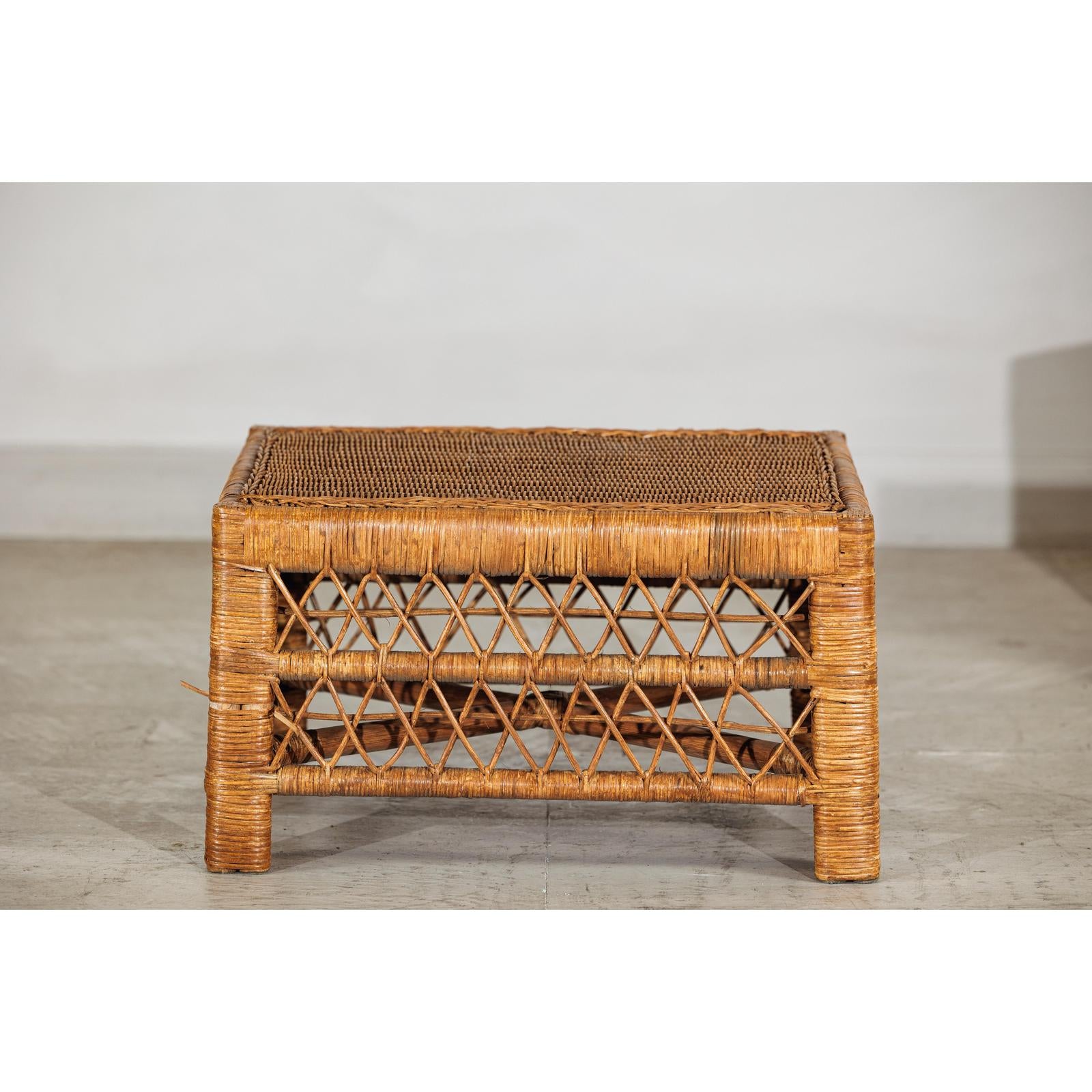 Vintage Country Style Low Rectangular Rattan Coffee Table with Lattice Base-11. Asian &amp; Chinese Furniture, Art, Antiques, Vintage Home Décor for sale at FEA Home