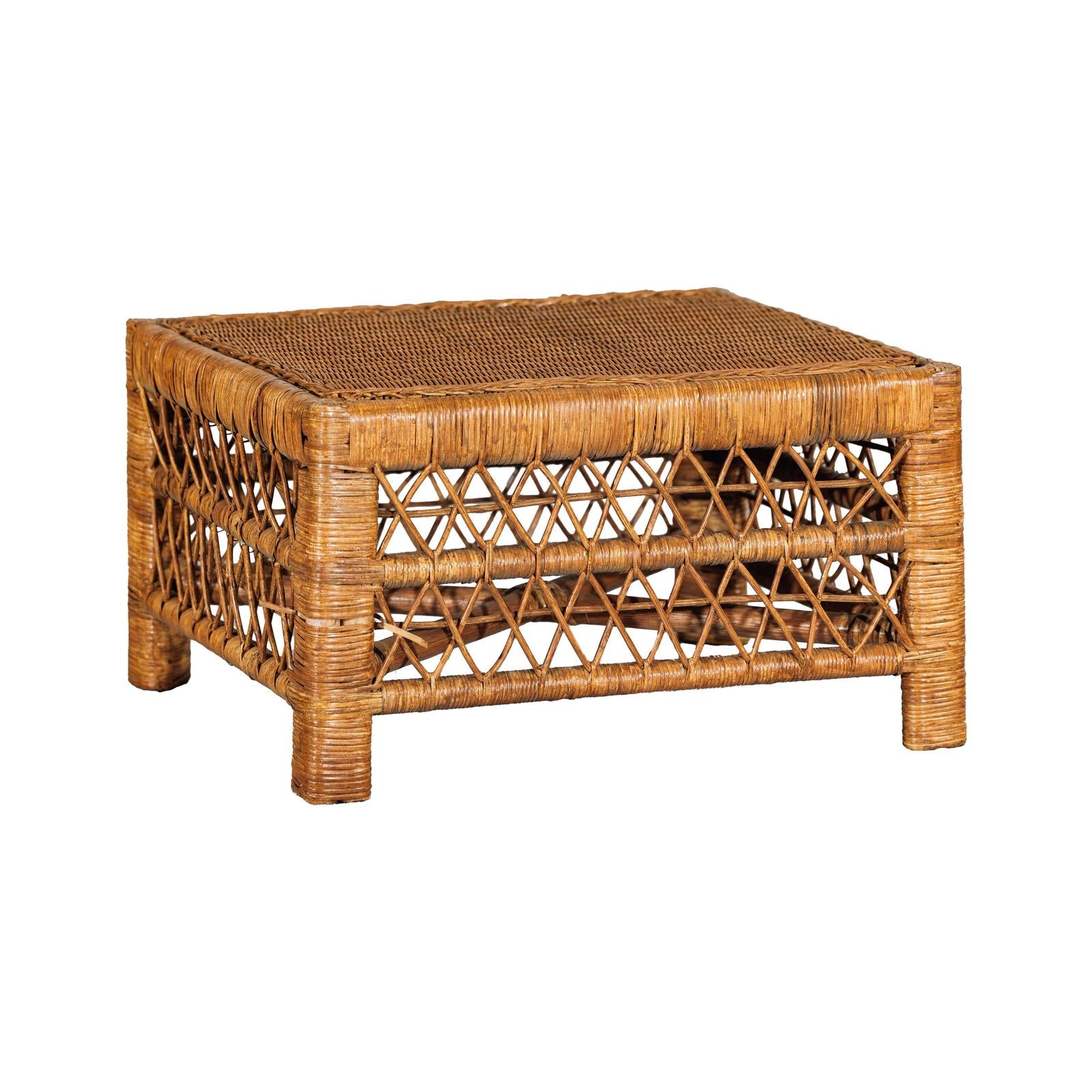 Vintage Country Style Low Rectangular Rattan Coffee Table with Lattice Base-12. Asian &amp; Chinese Furniture, Art, Antiques, Vintage Home Décor for sale at FEA Home
