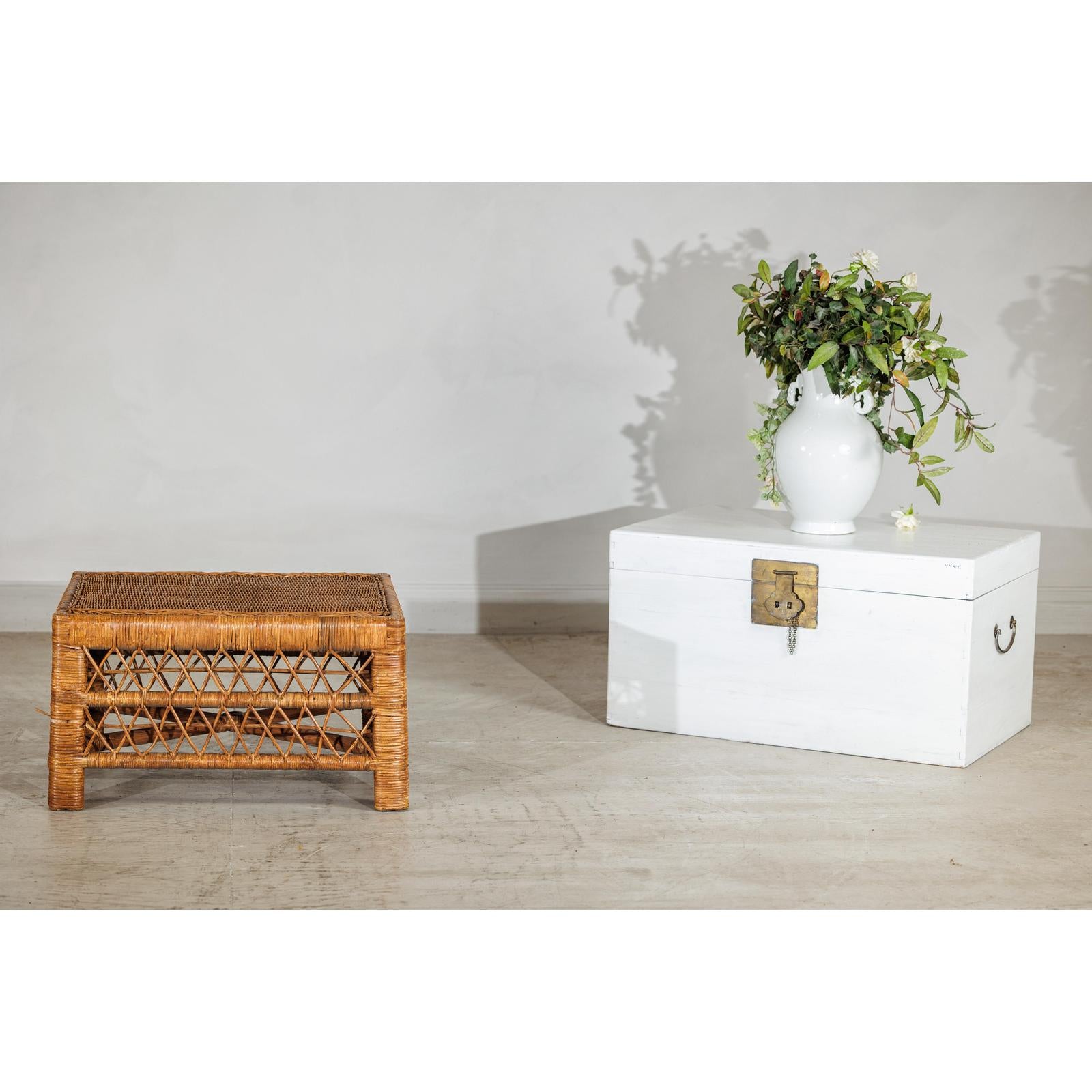 Vintage Country Style Low Rectangular Rattan Coffee Table with Lattice Base-2. Asian & Chinese Furniture, Art, Antiques, Vintage Home Décor for sale at FEA Home