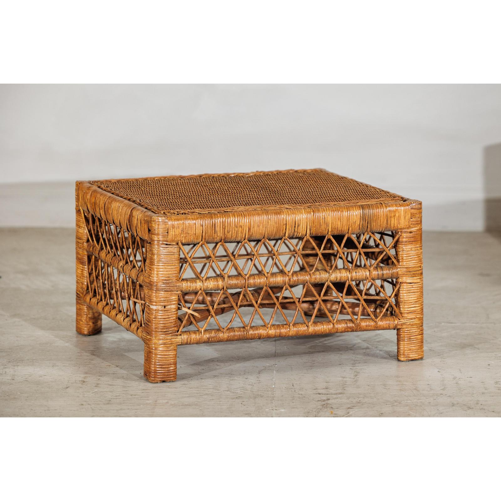 Vintage Country Style Low Rectangular Rattan Coffee Table with Lattice Base-3. Asian &amp; Chinese Furniture, Art, Antiques, Vintage Home Décor for sale at FEA Home