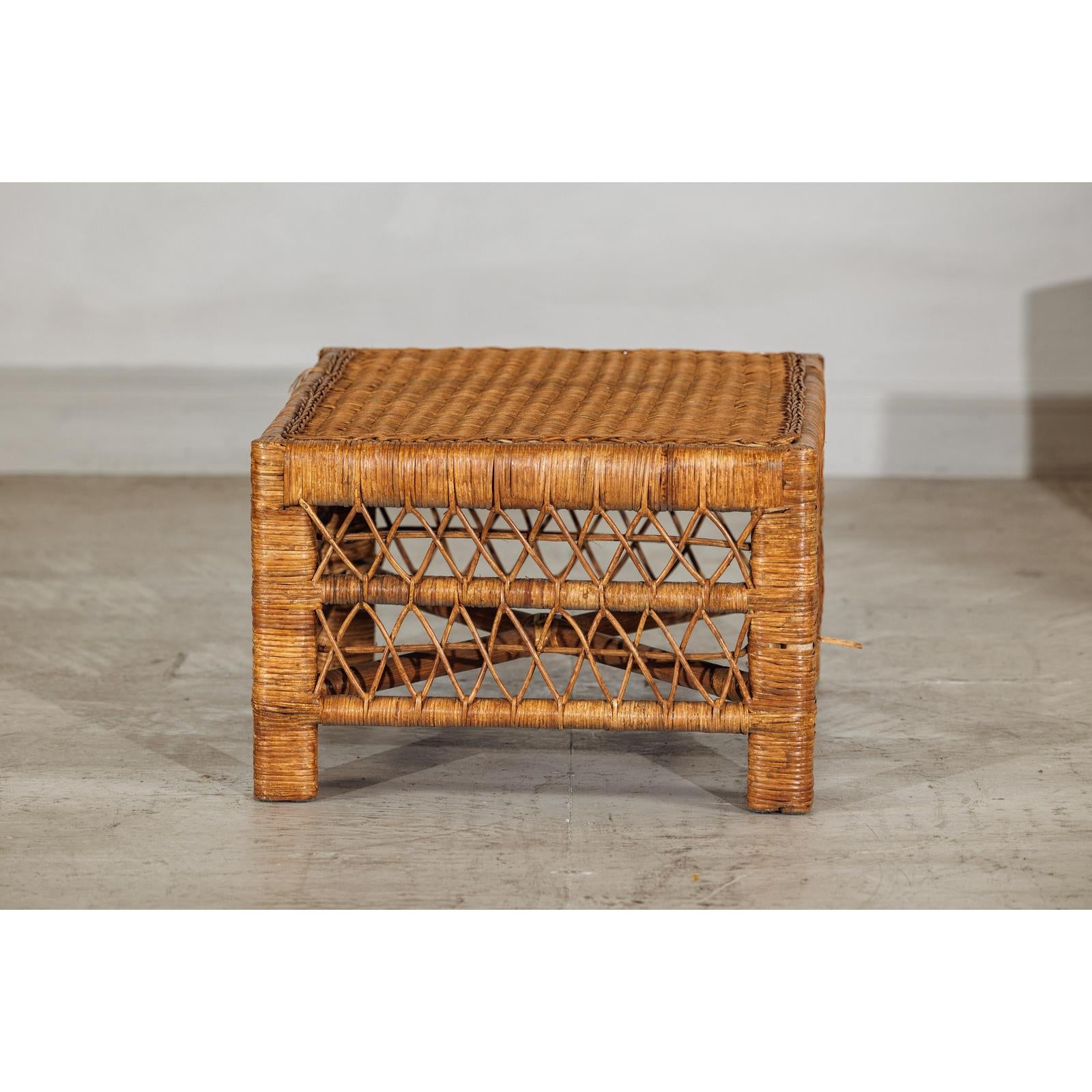 Vintage Country Style Low Rectangular Rattan Coffee Table with Lattice Base-4. Asian &amp; Chinese Furniture, Art, Antiques, Vintage Home Décor for sale at FEA Home