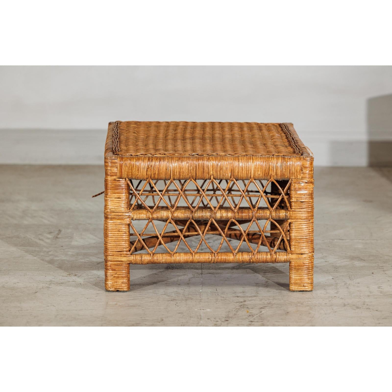 Vintage Country Style Low Rectangular Rattan Coffee Table with Lattice Base-6. Asian &amp; Chinese Furniture, Art, Antiques, Vintage Home Décor for sale at FEA Home
