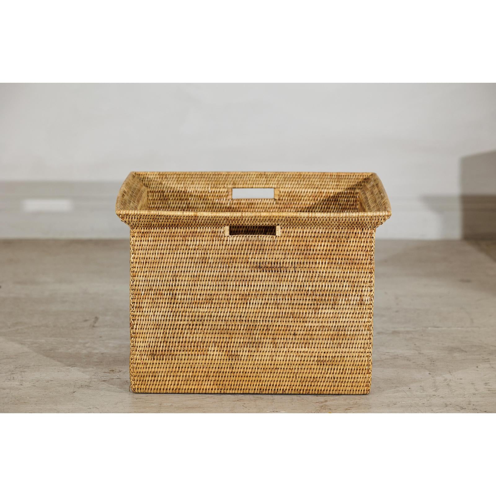 Vintage Country Style Rattan Storage Basket with Side Handles-10. Asian &amp; Chinese Furniture, Art, Antiques, Vintage Home Décor for sale at FEA Home