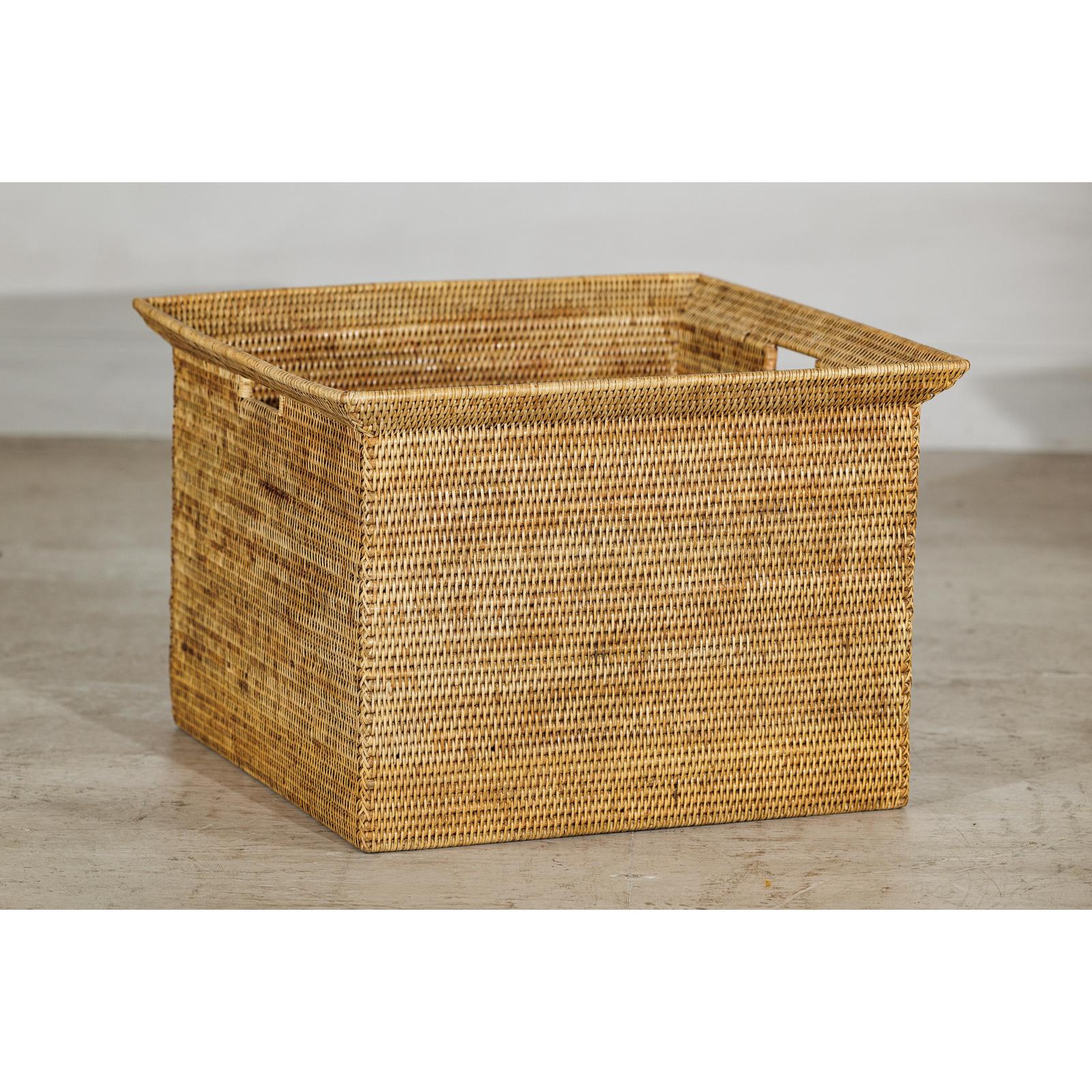 Vintage Country Style Rattan Storage Basket with Side Handles-9. Asian &amp; Chinese Furniture, Art, Antiques, Vintage Home Décor for sale at FEA Home