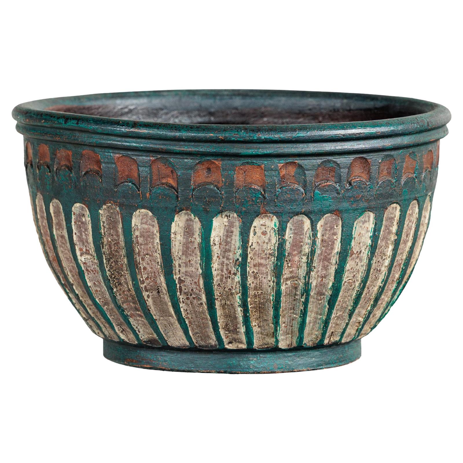 Vintage Emerald-Green Terracotta Planter with Carved Motifs - image 1