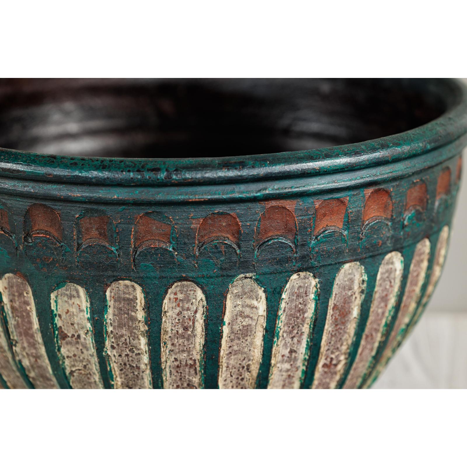 Vintage Emerald-Green Terracotta Planter with Carved Motifs - image 10