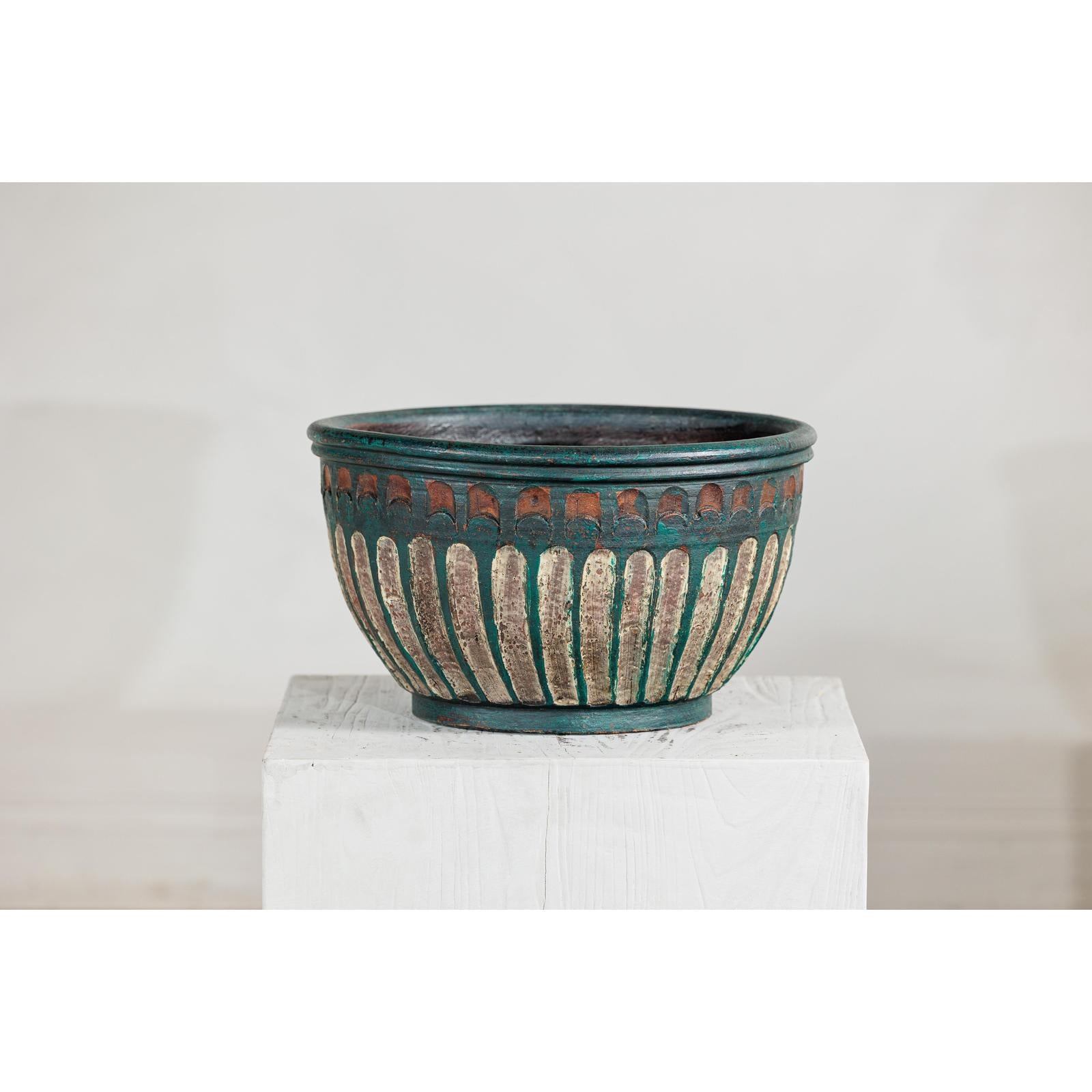 Vintage Emerald-Green Terracotta Planter with Carved Motifs - image 13
