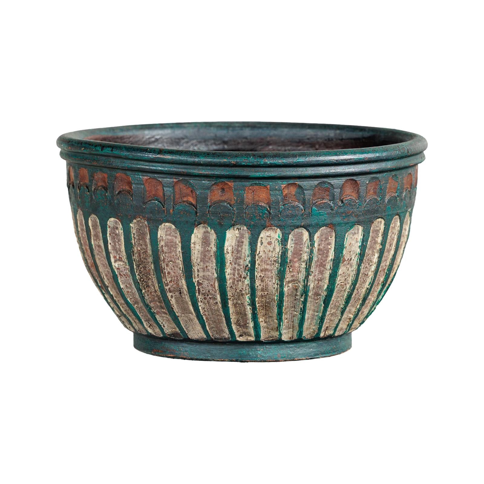 Vintage Emerald-Green Terracotta Planter with Carved Motifs - image 14