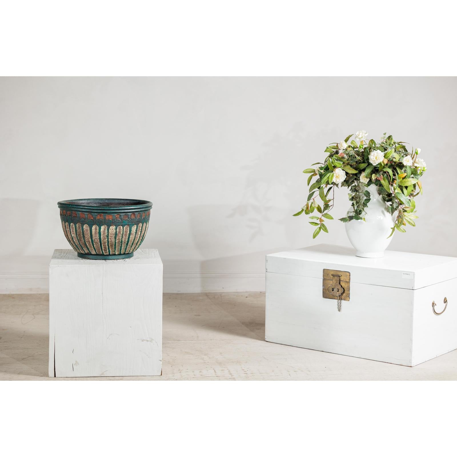 Vintage Emerald-Green Terracotta Planter with Carved Motifs - image 2