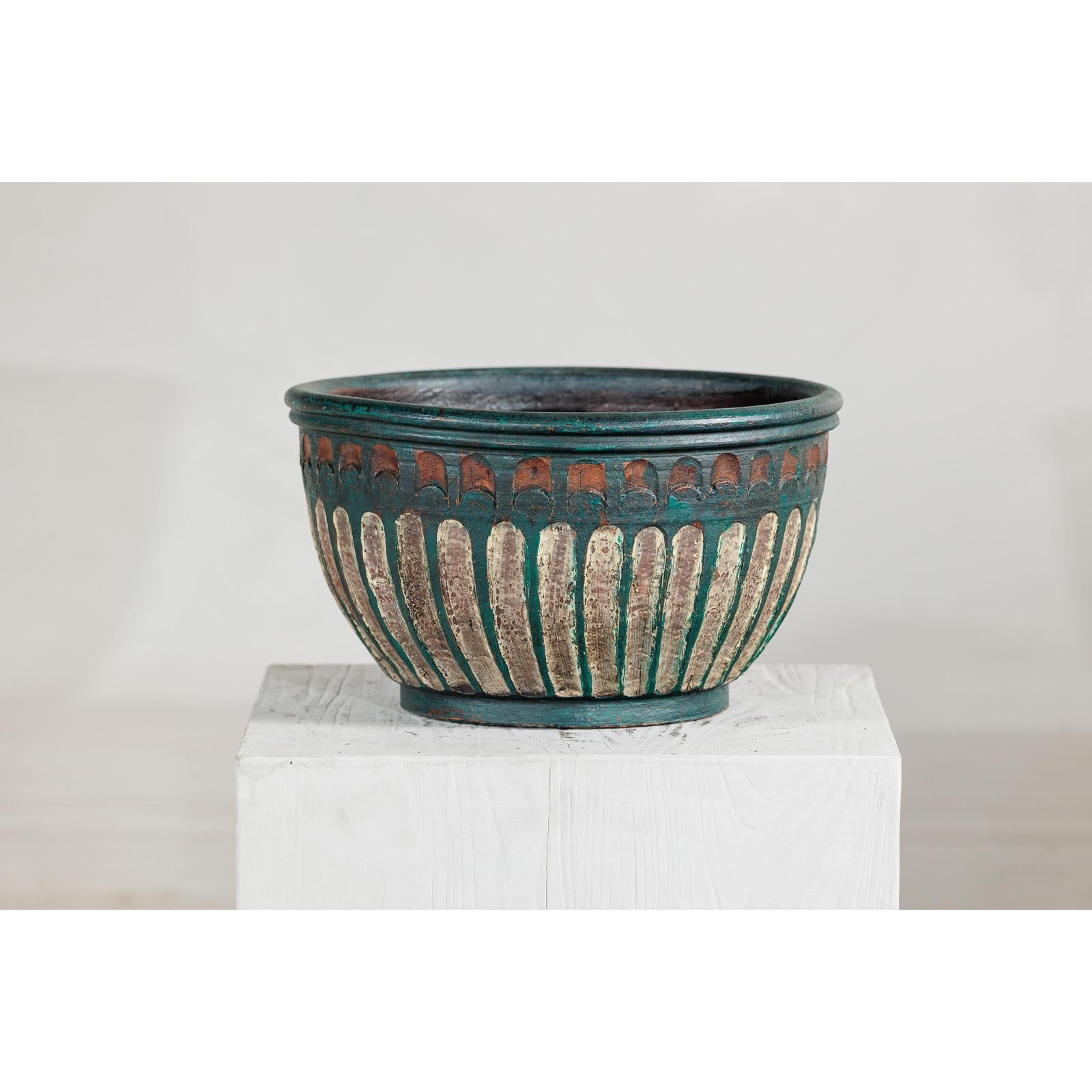 Vintage Emerald-Green Terracotta Planter with Carved Motifs - image 3