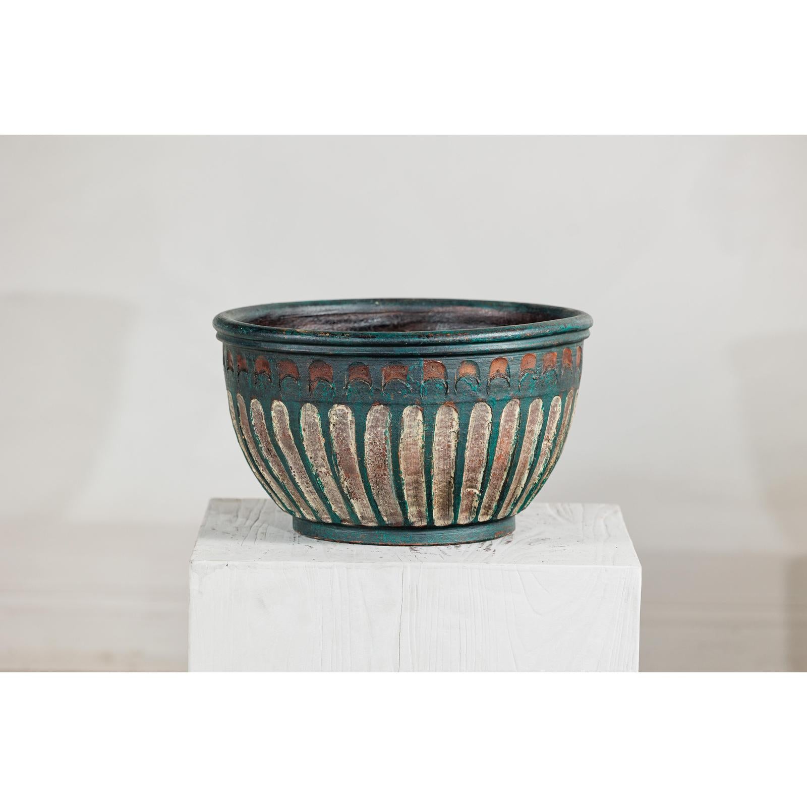 Vintage Emerald-Green Terracotta Planter with Carved Motifs - image 4